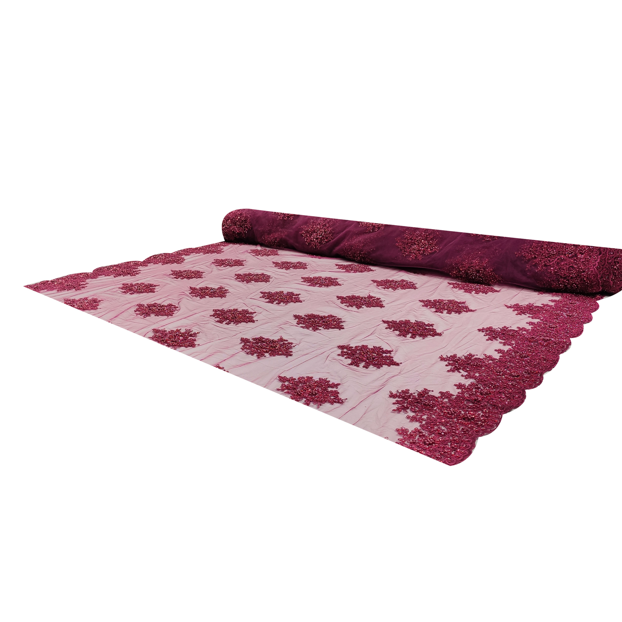 Tulle brodé perlé Lux Bordeaux