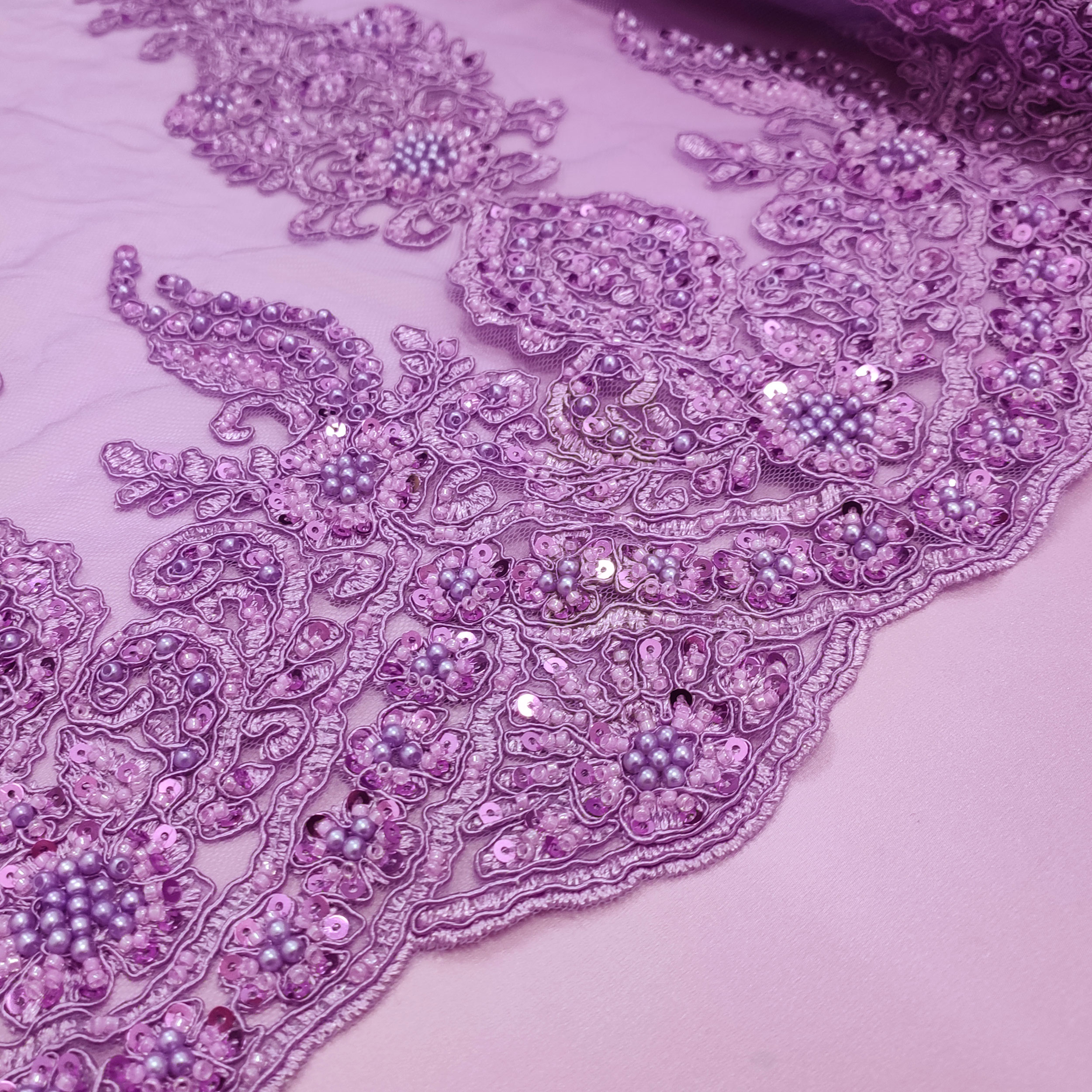 High Fashion Beaded Double Edge Floral Lace Lilac