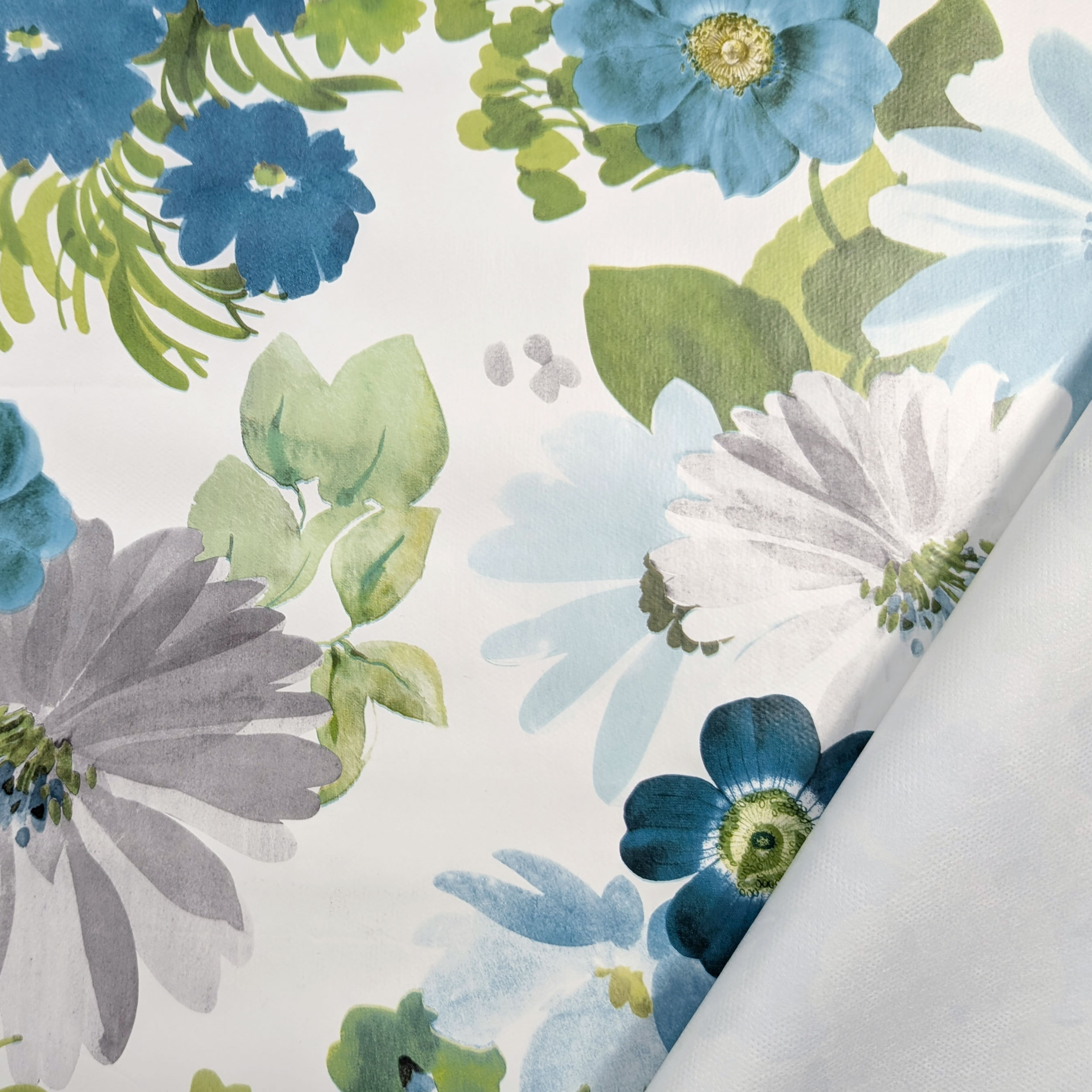 Fabric for Plasticised Tablecloth Cold Tone Flowers Image
