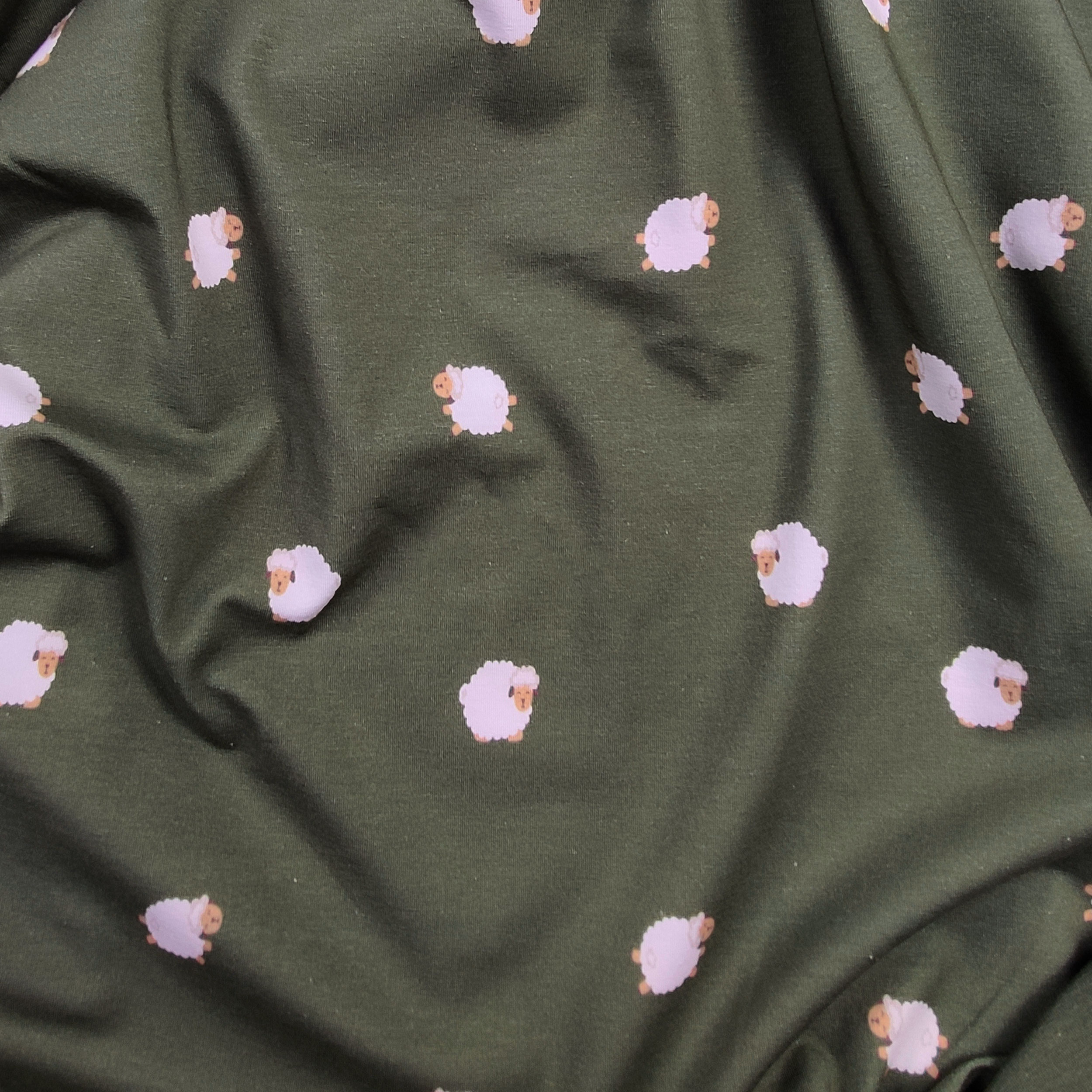 Jersey coton motif mouton fond militaire