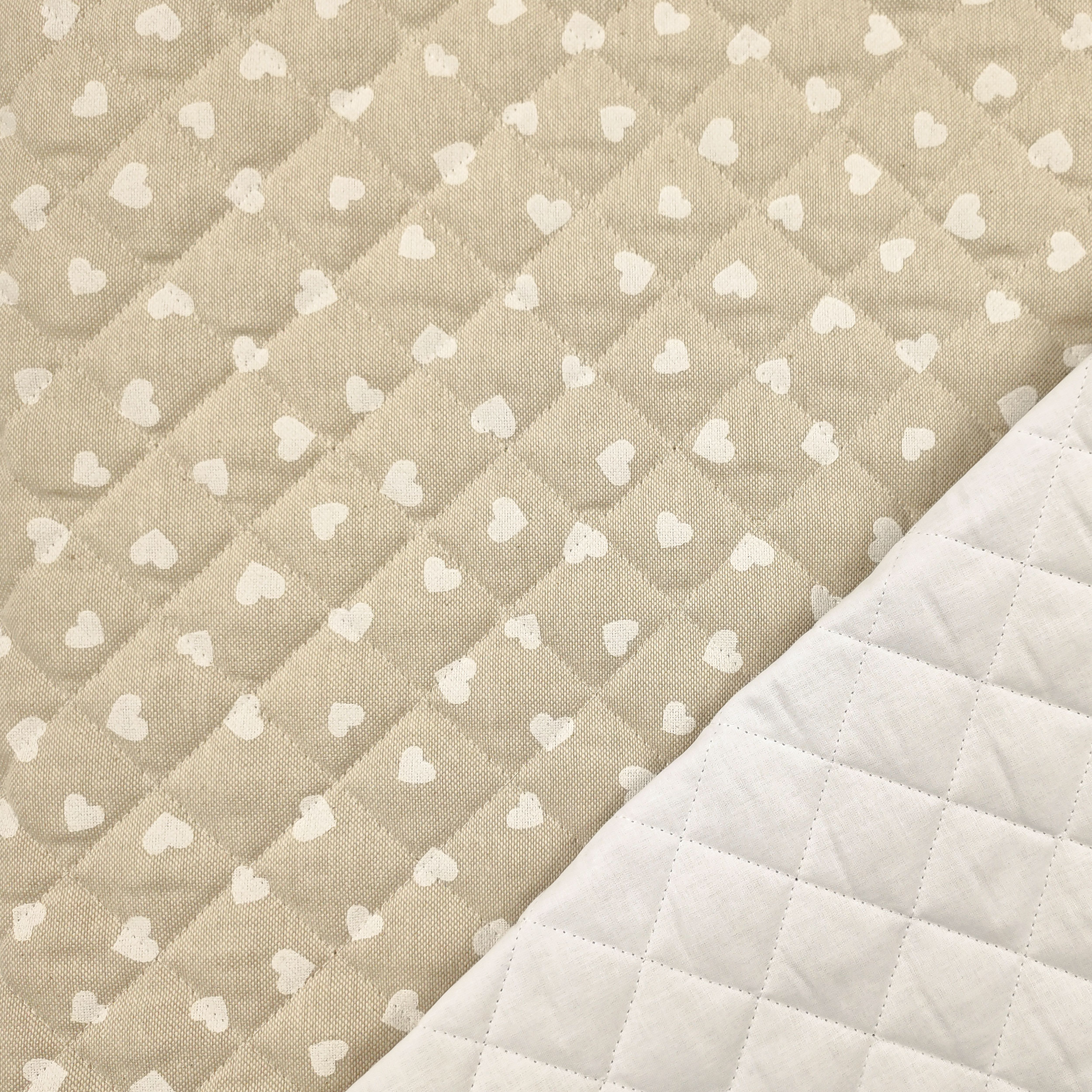 Quilted Fabric White Hearts Beige Background