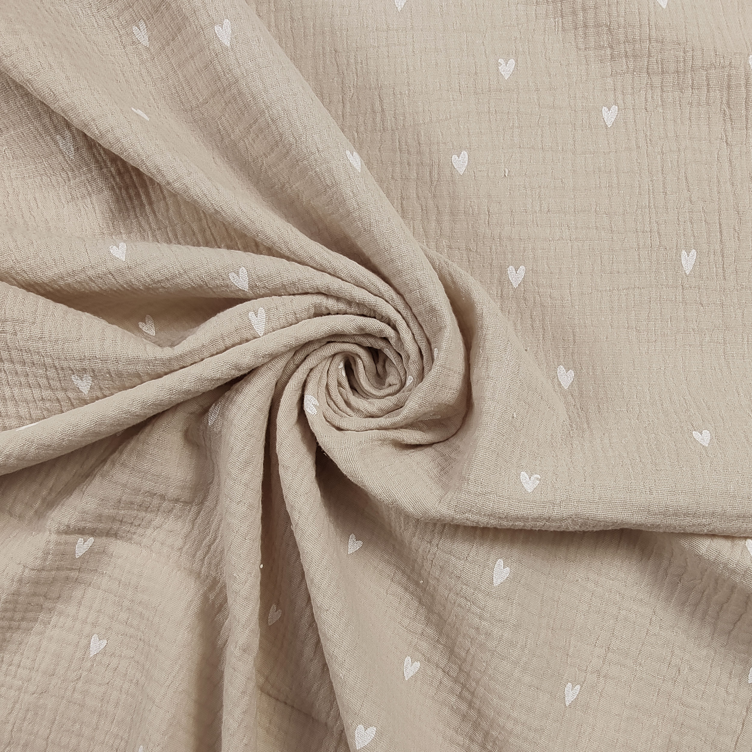 Baumwolle Musselin Beige Weiß Herzen