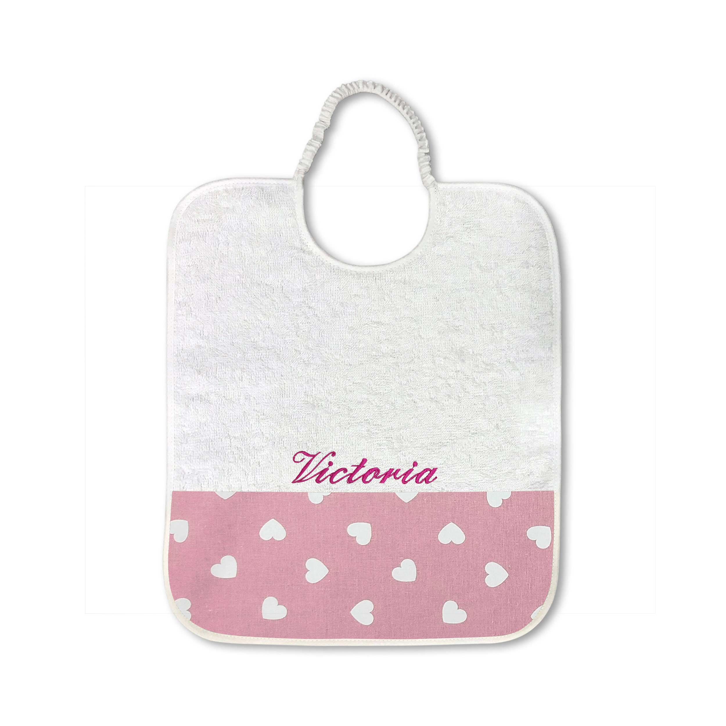 Bavoir Blanc Coeurs Fond Rose Antique