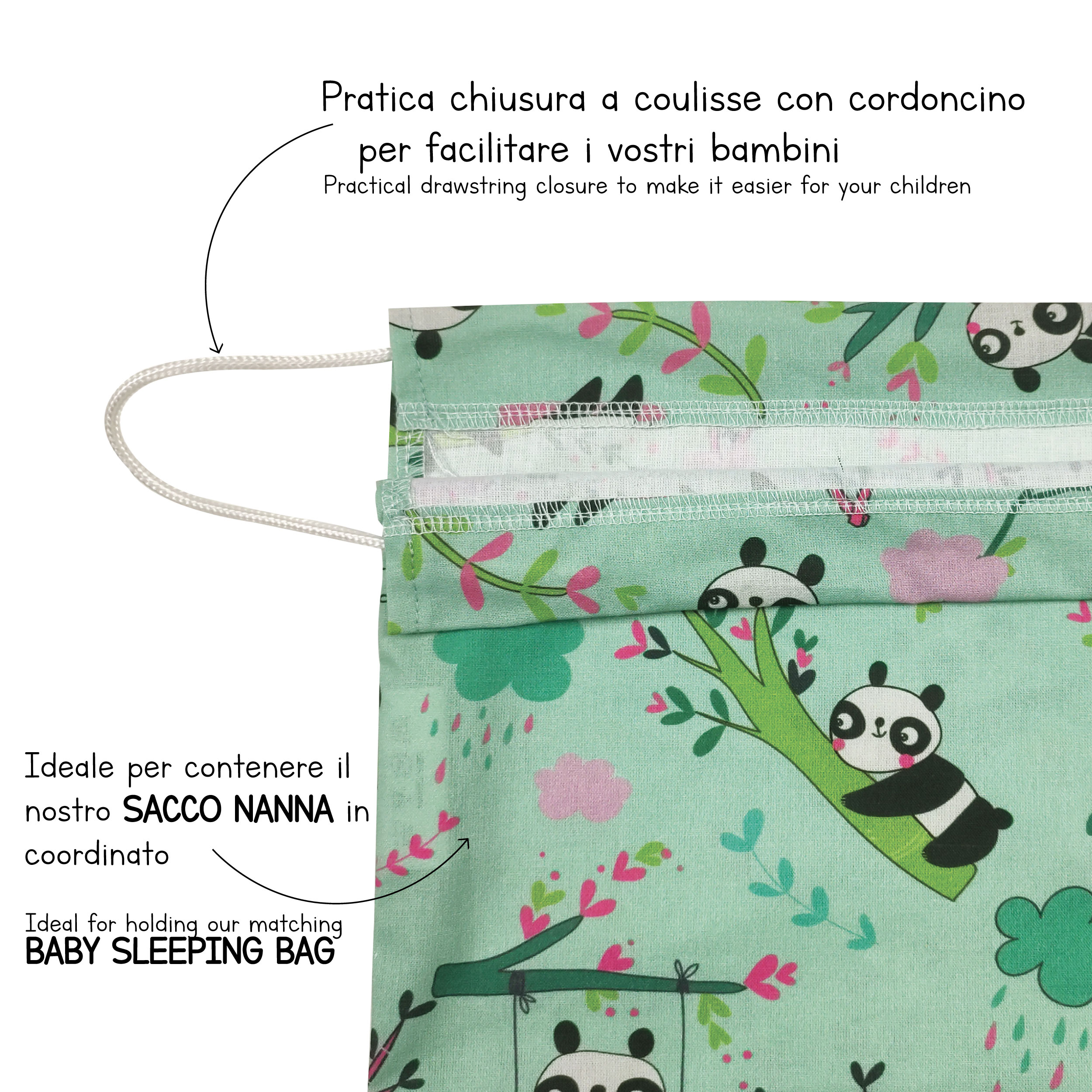 Sac à langer Panda Fond Vert Menthe - Panini Fabrics