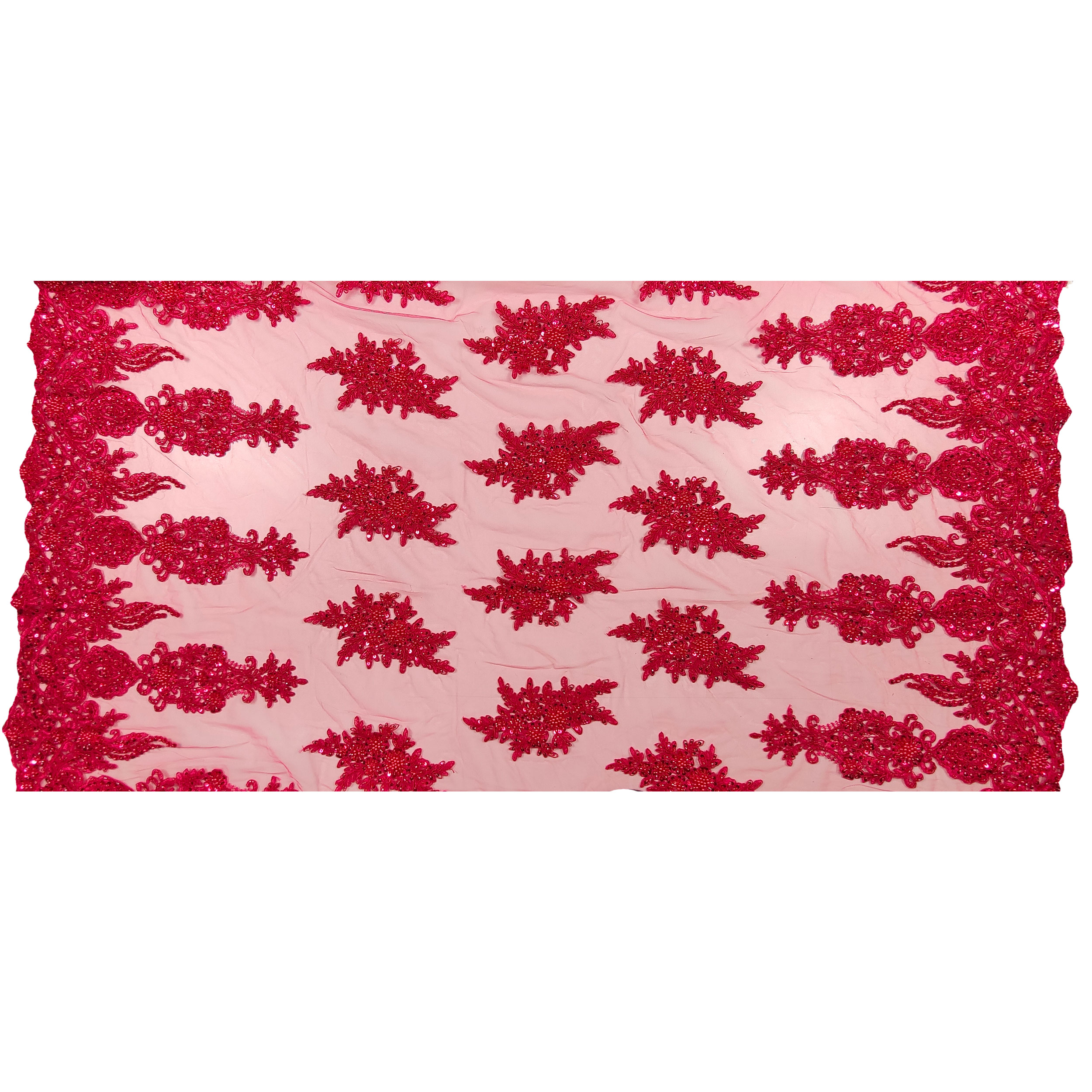 High Fashion Beaded Double Edge Floral Lace - Magenta