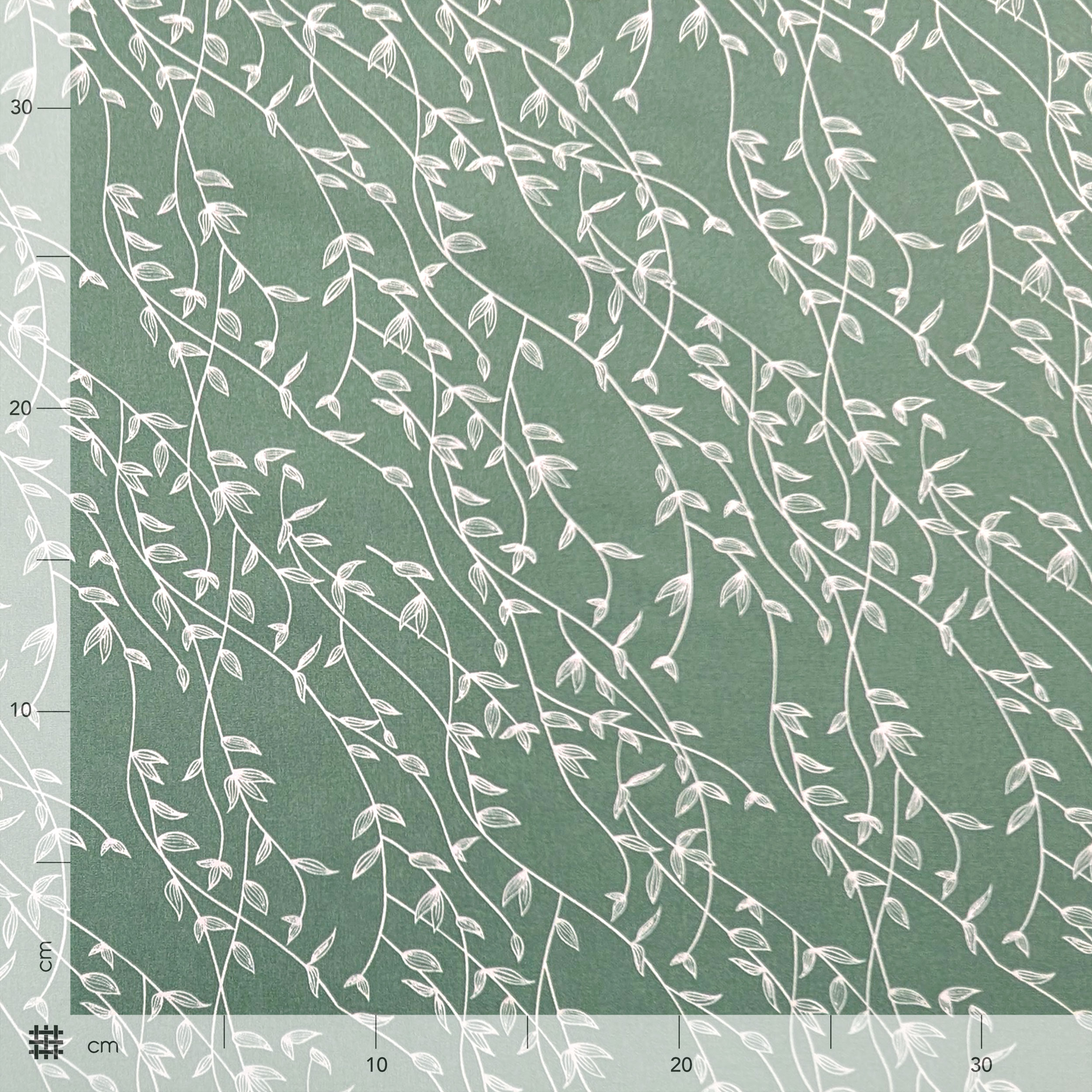 Sage Cotton Poplin with Branches and White Leaves