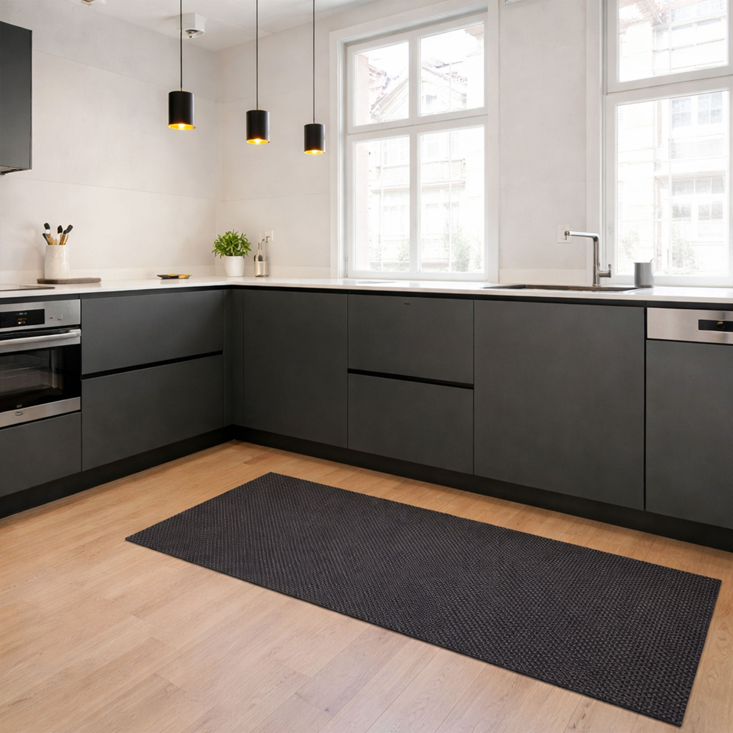 Grey and Black Woven Kitchen Rug Image