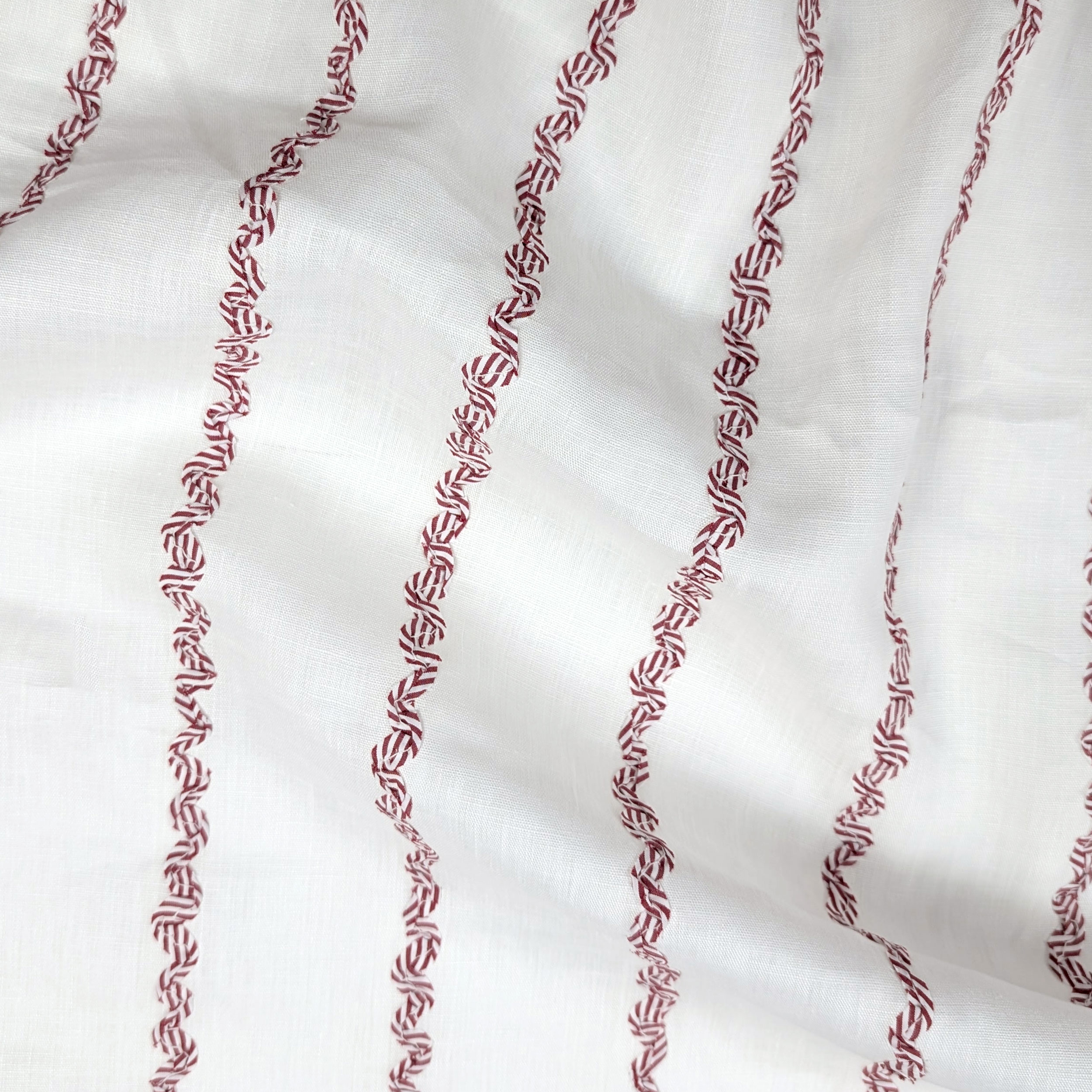 Pure Linen Fabric with Red Wavy Stripes Pattern Image