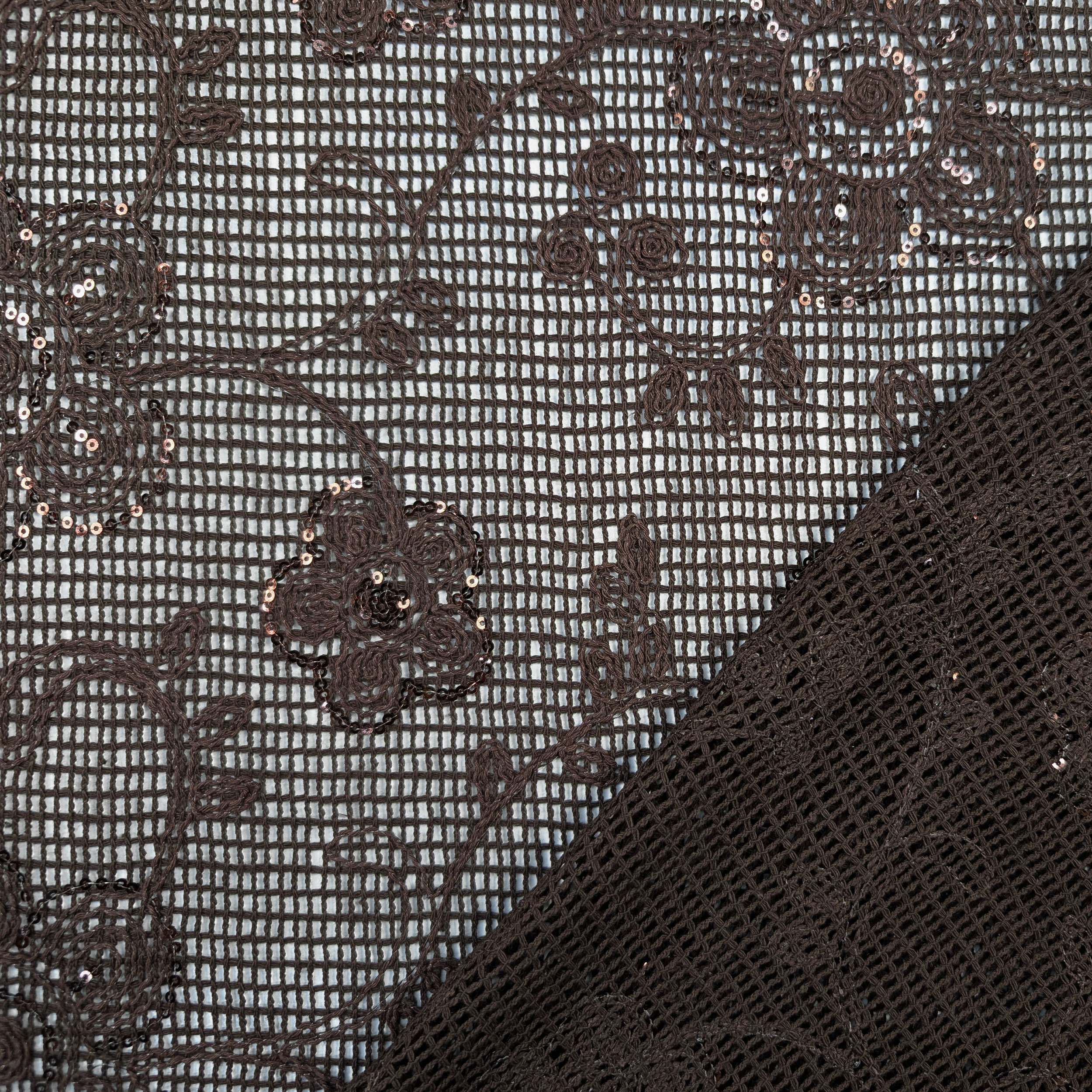 Embroidery On Mesh Brown Flowers With Sequins Image