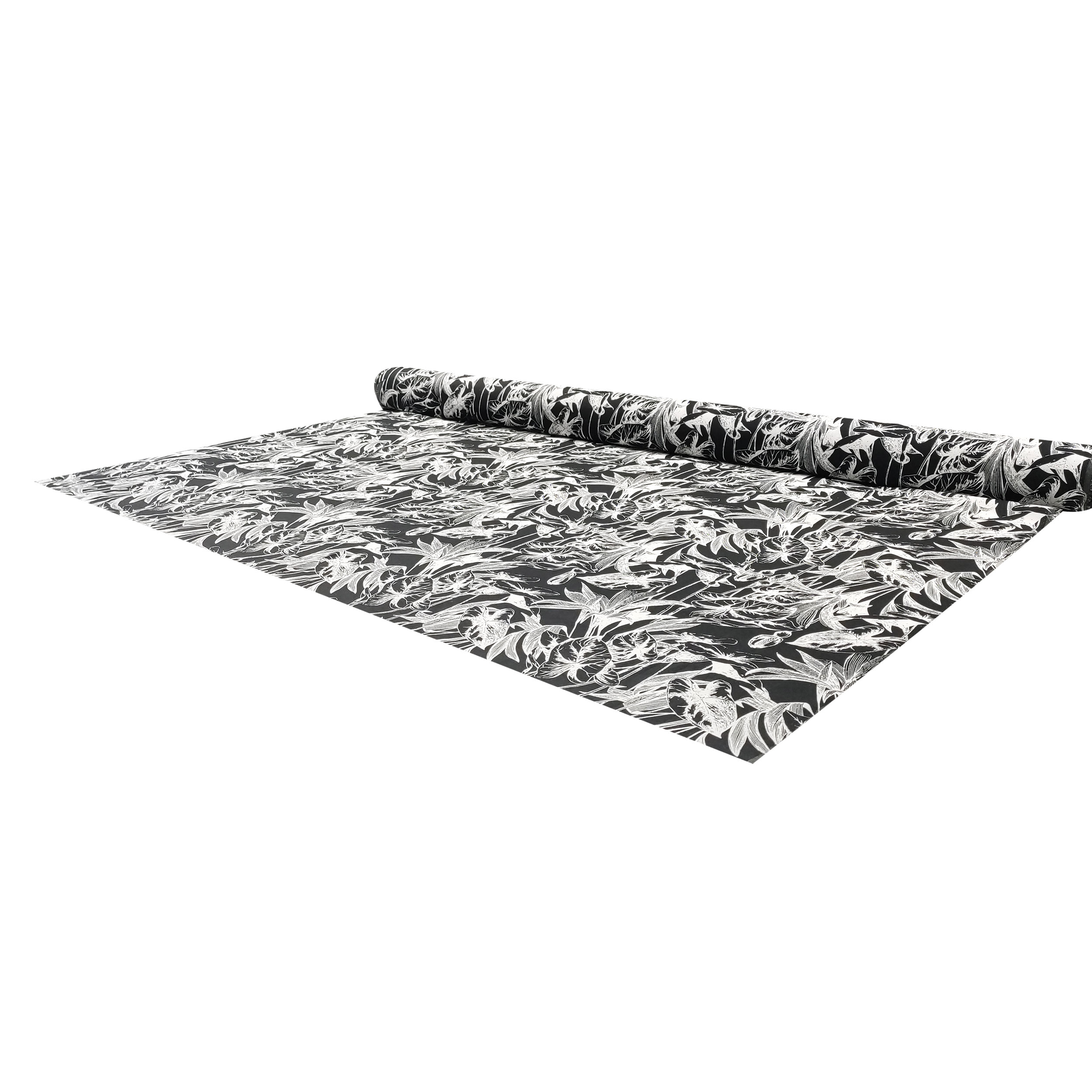 Mezcla de lino con hojas tropicales en blanco y negro