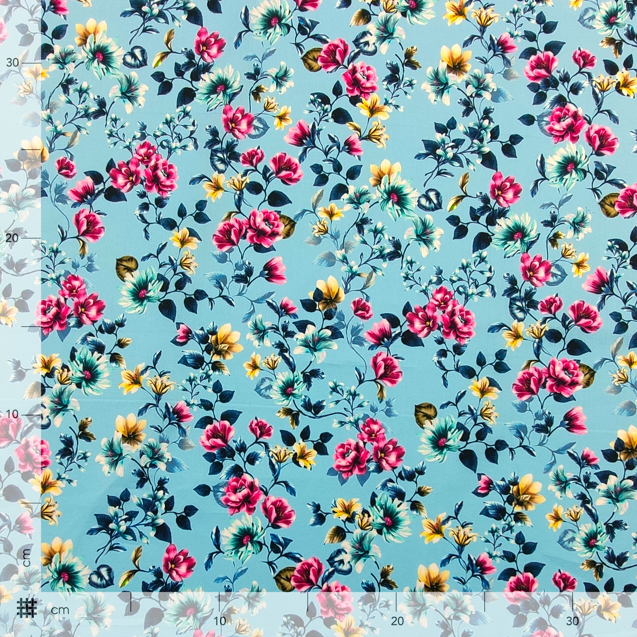 Cotton Rasatello Blue Background with Flowers Image