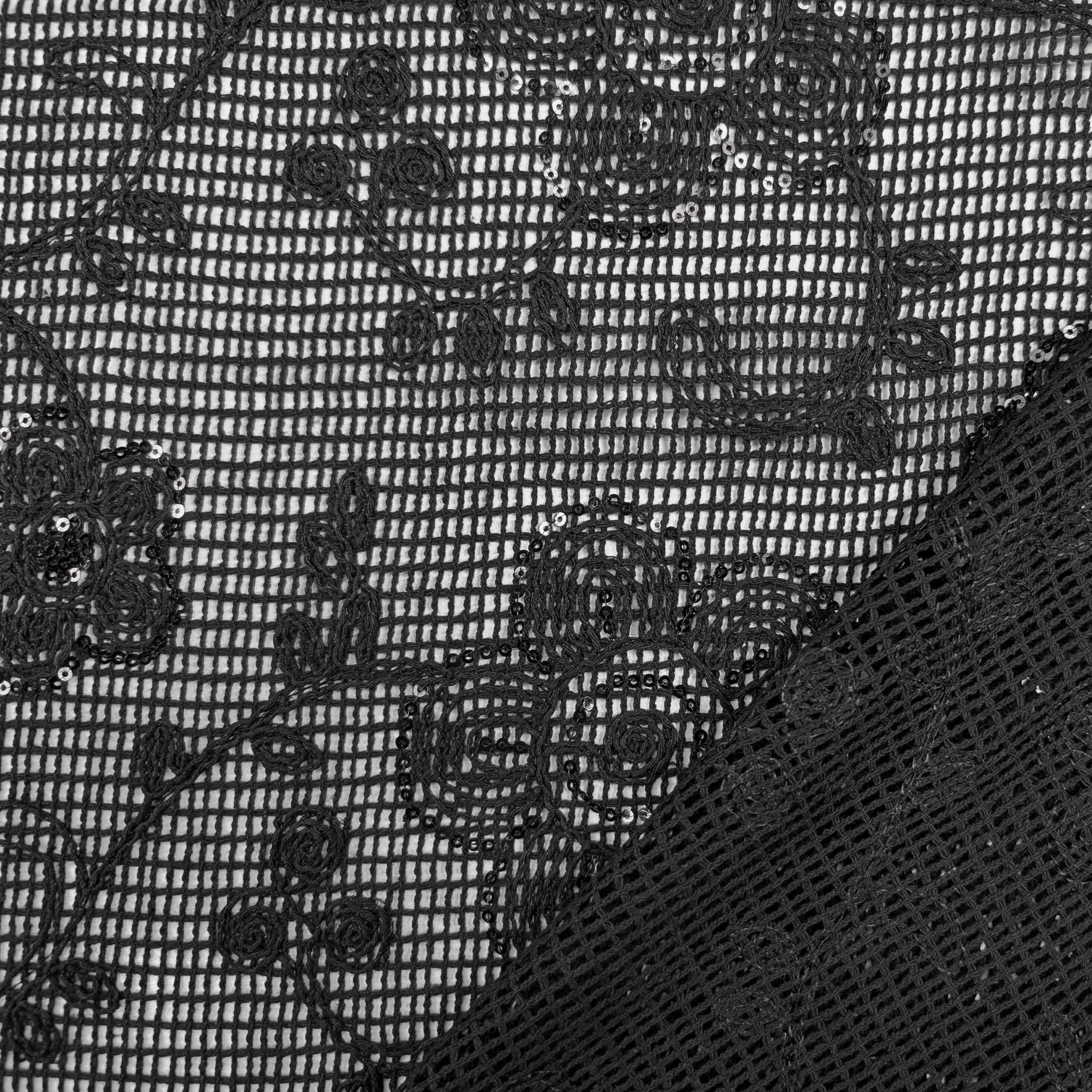 Embroidery On Black Mesh Flowers With Sequins Image