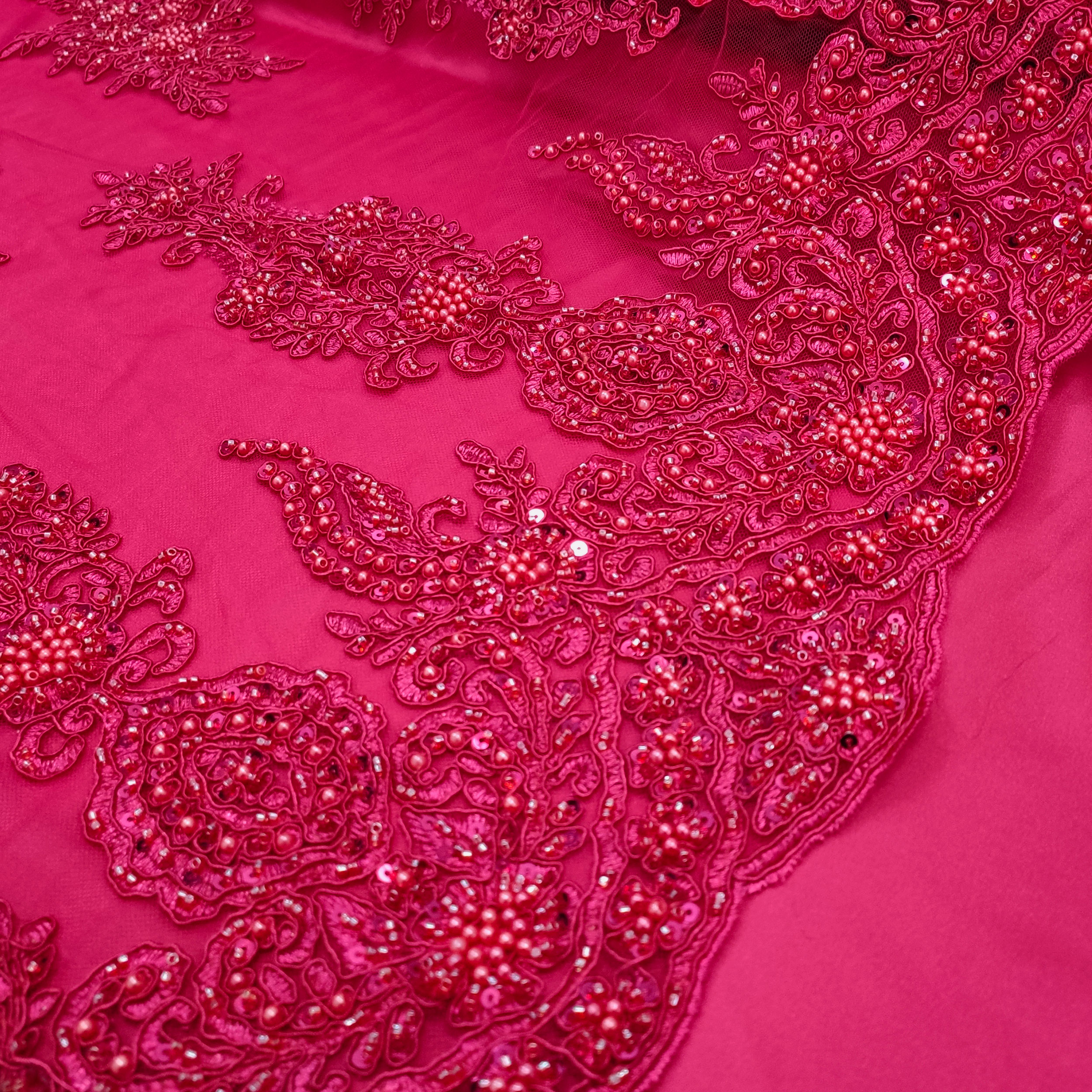High Fashion Beaded Double Edge Floral Lace - Magenta