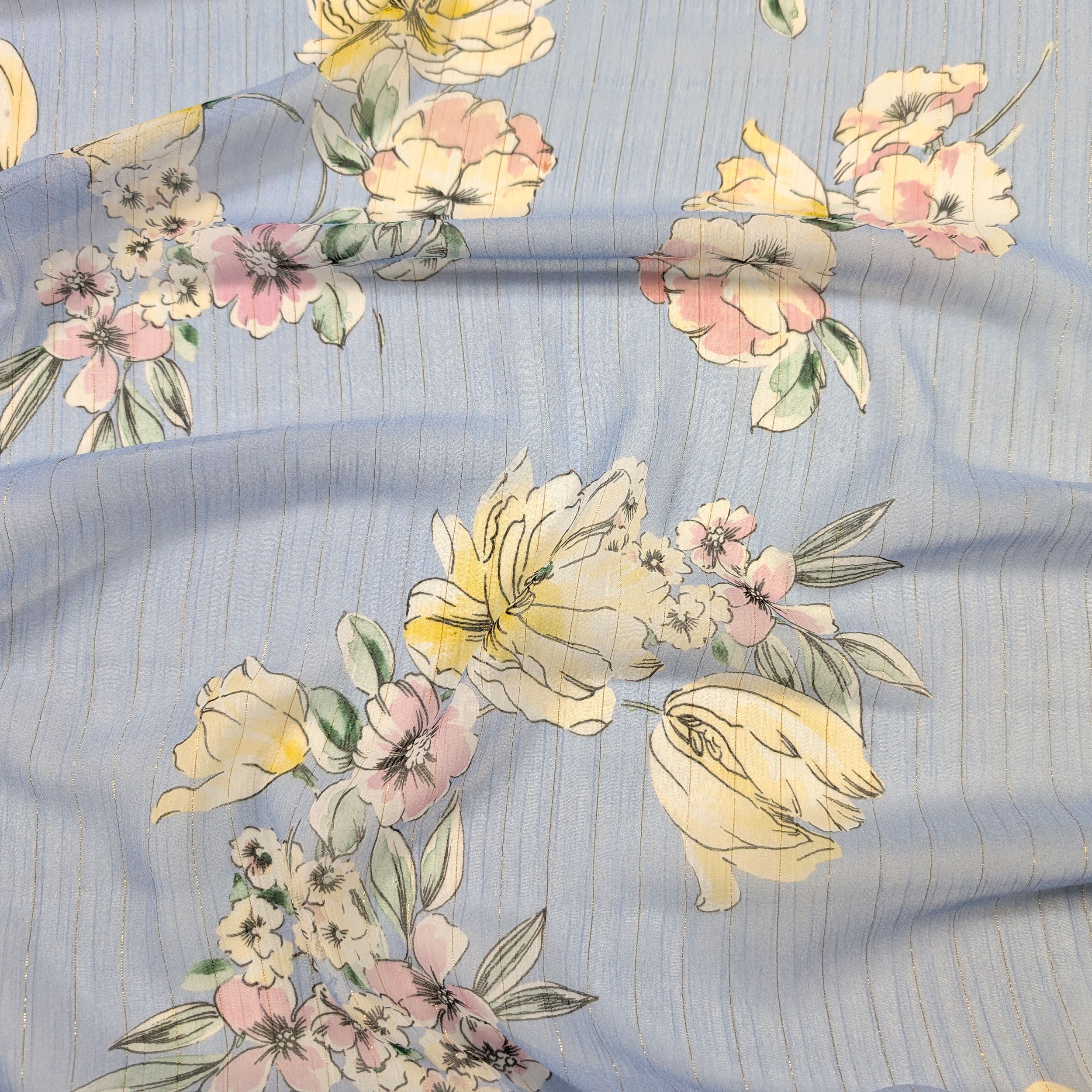 Chiffon Lurex Flowers and Stripes Light blue background Image