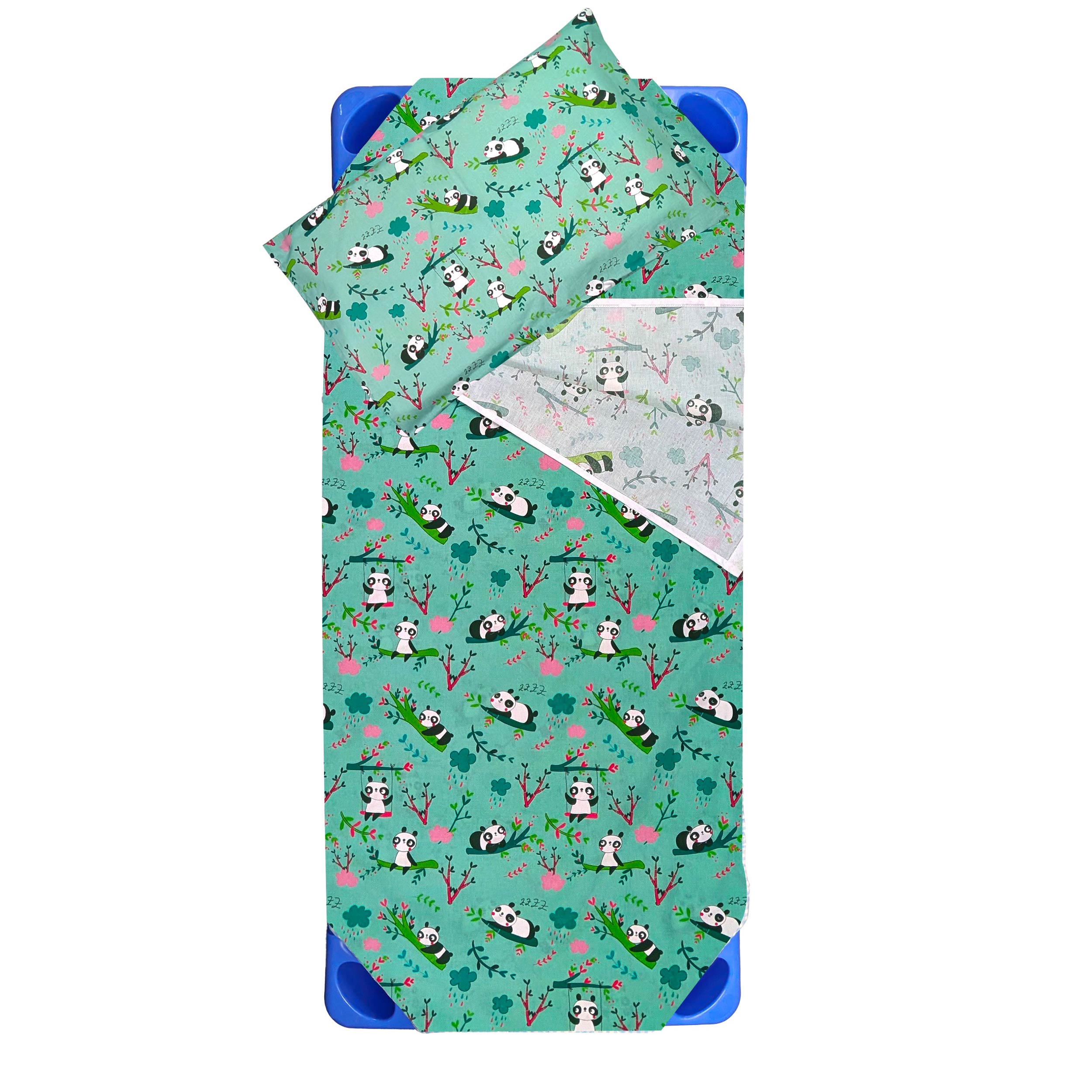 Contoured Summer Sleeping Bag for Panda Camp Beds – Mint Green Background Image
