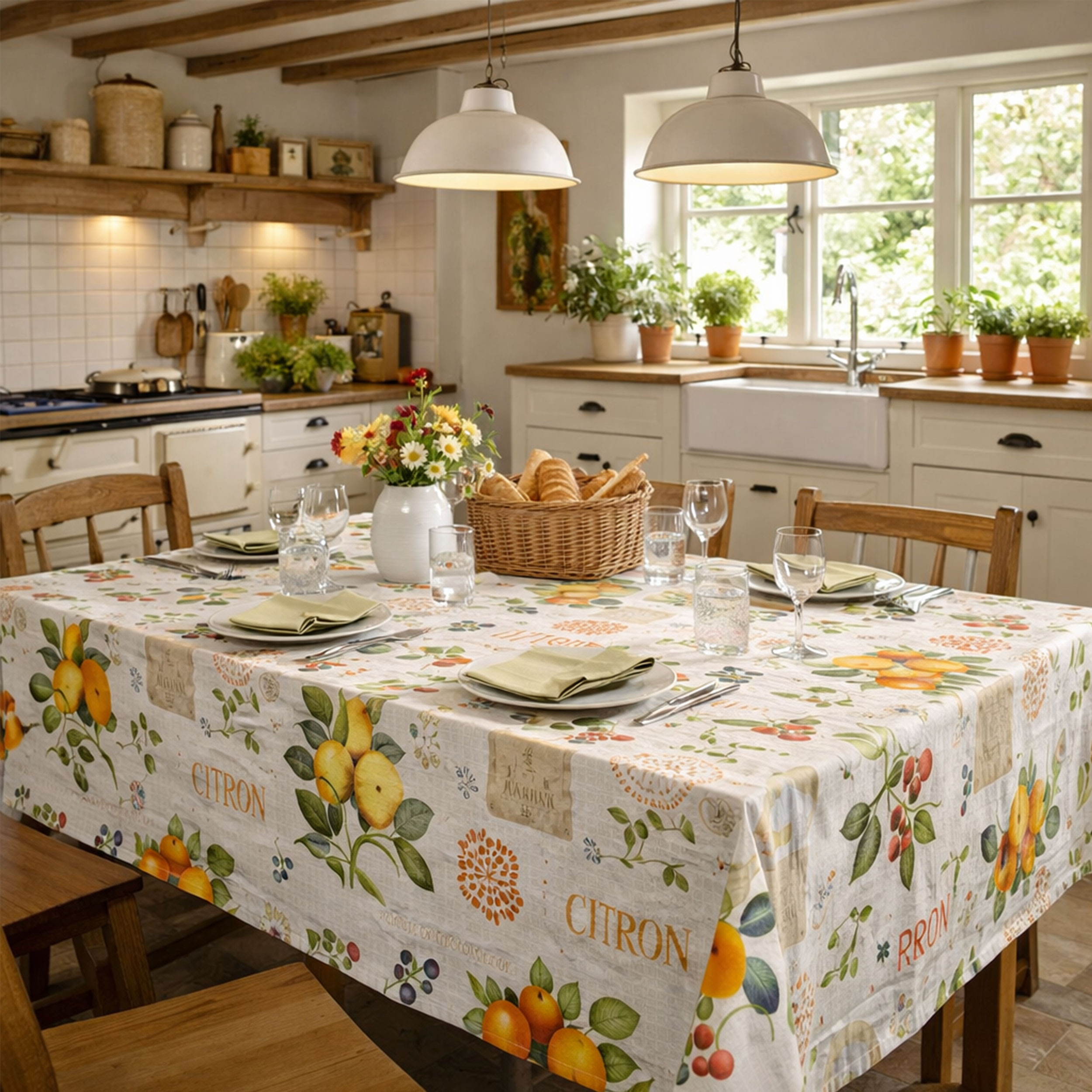 Fabric for Plasticised Tablecloth Fruits and Writings Image