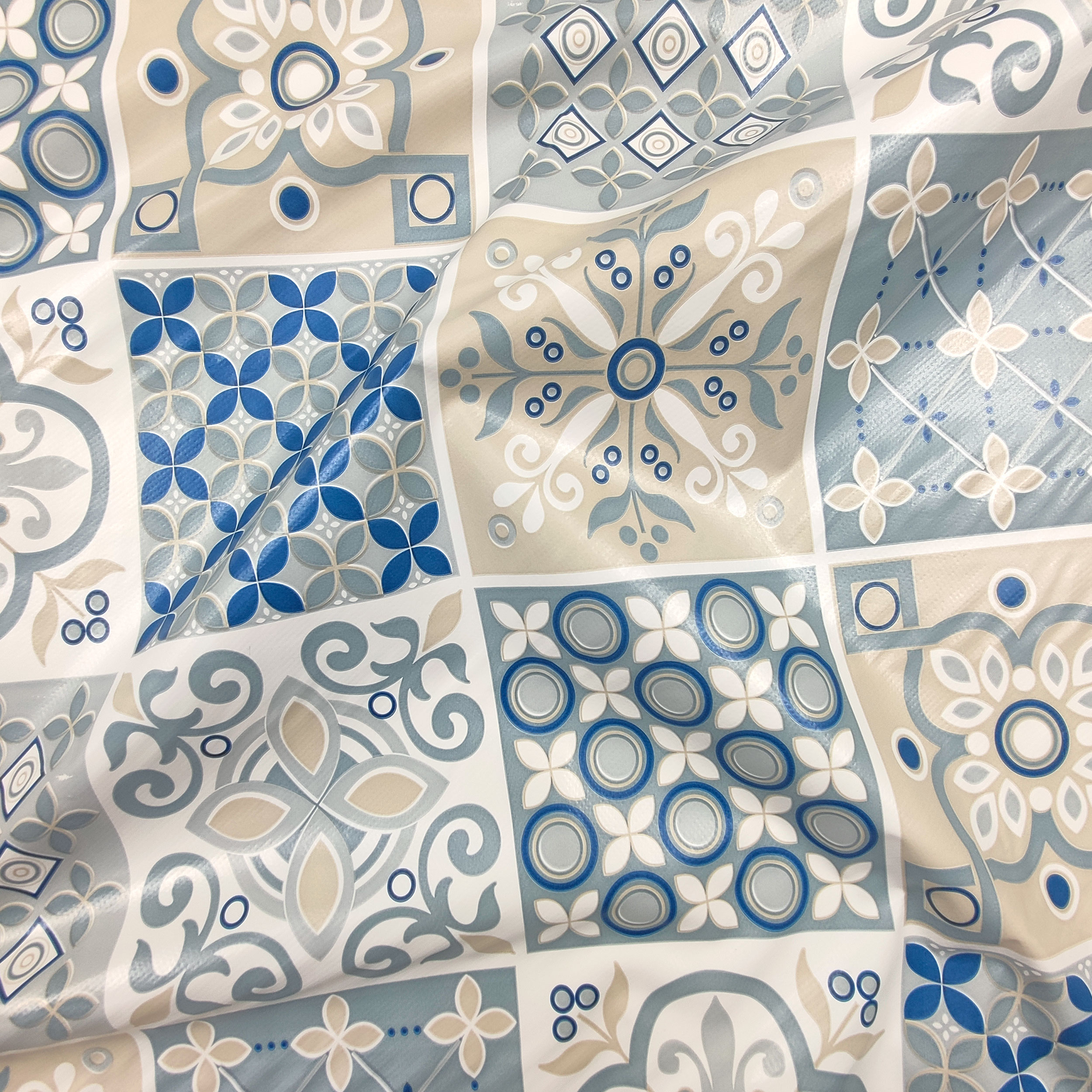 Plastic-coated Tablecloth Fabric Blue and Beige Floral Tiles Image