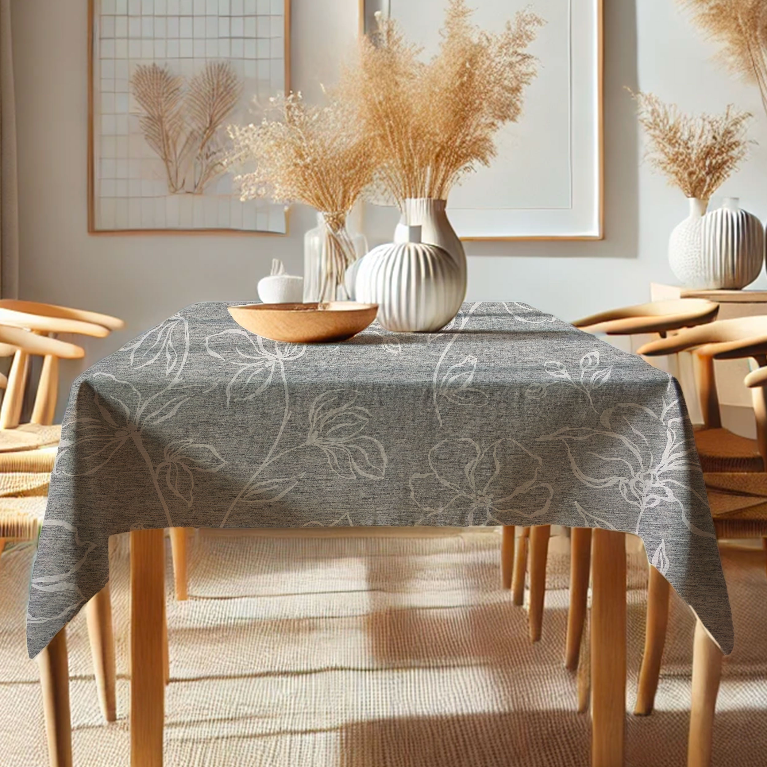 Grey Resin Tablecloth Fabric White Flowers Image