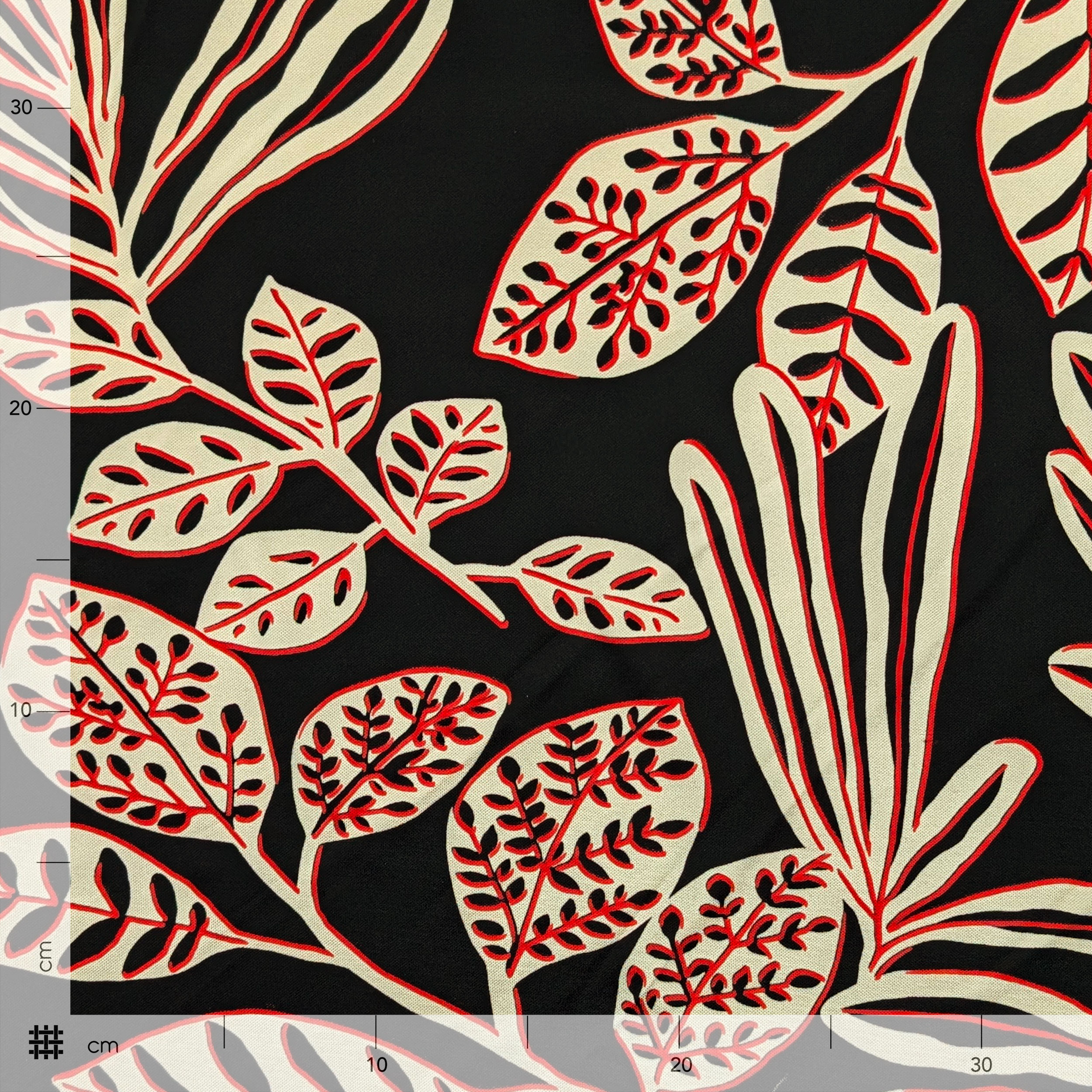 Viscose Jersey Natural Silk Leaves Red Border Image