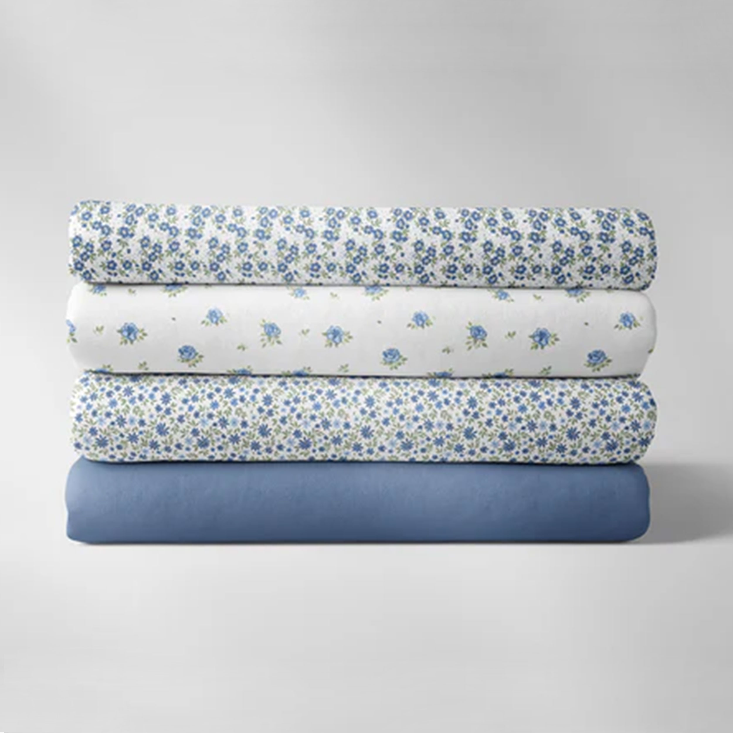 Light Blue and Blue Flowered Cotton Poplin