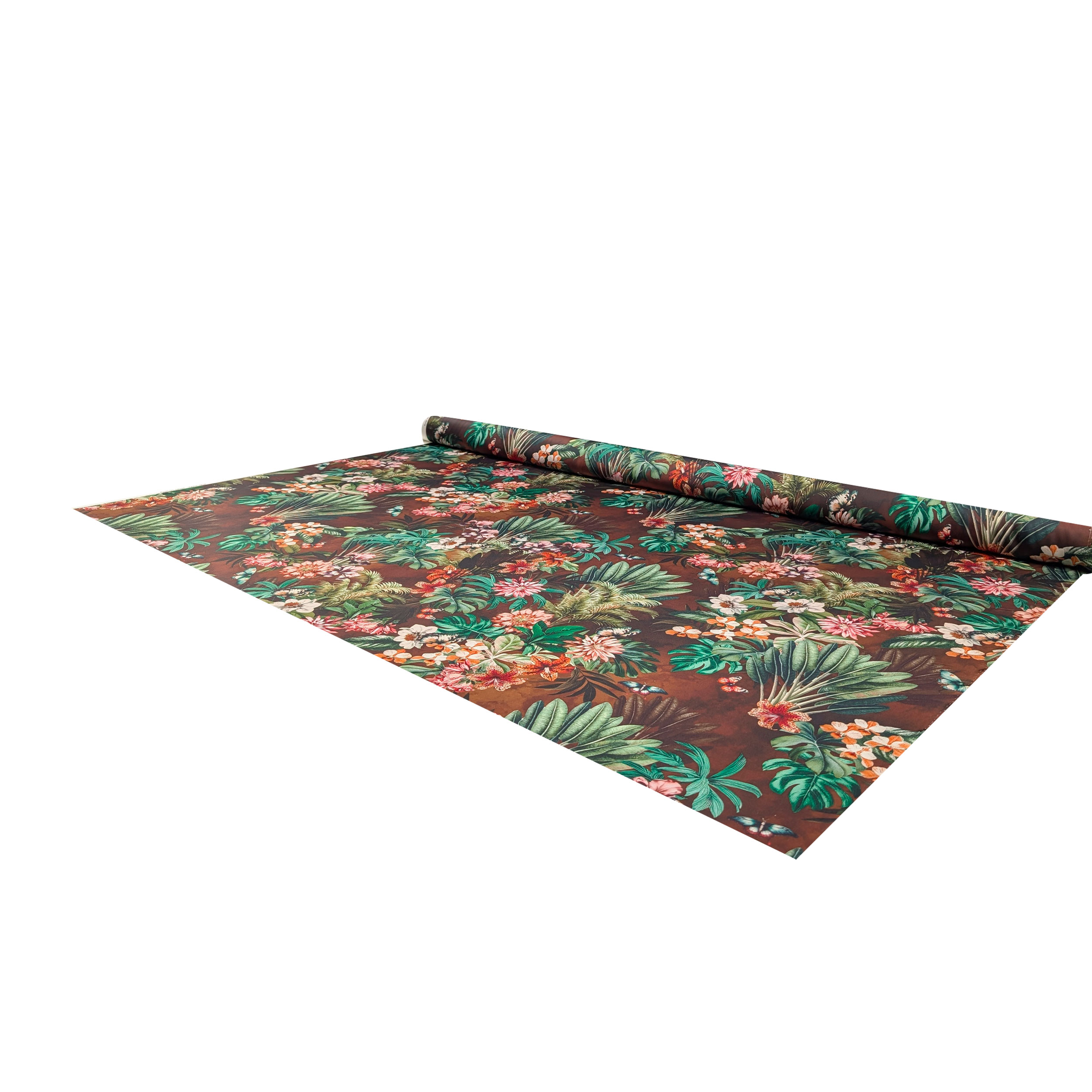 Satin Set High Fashion Brown Tropical Flowers and Leaves Image