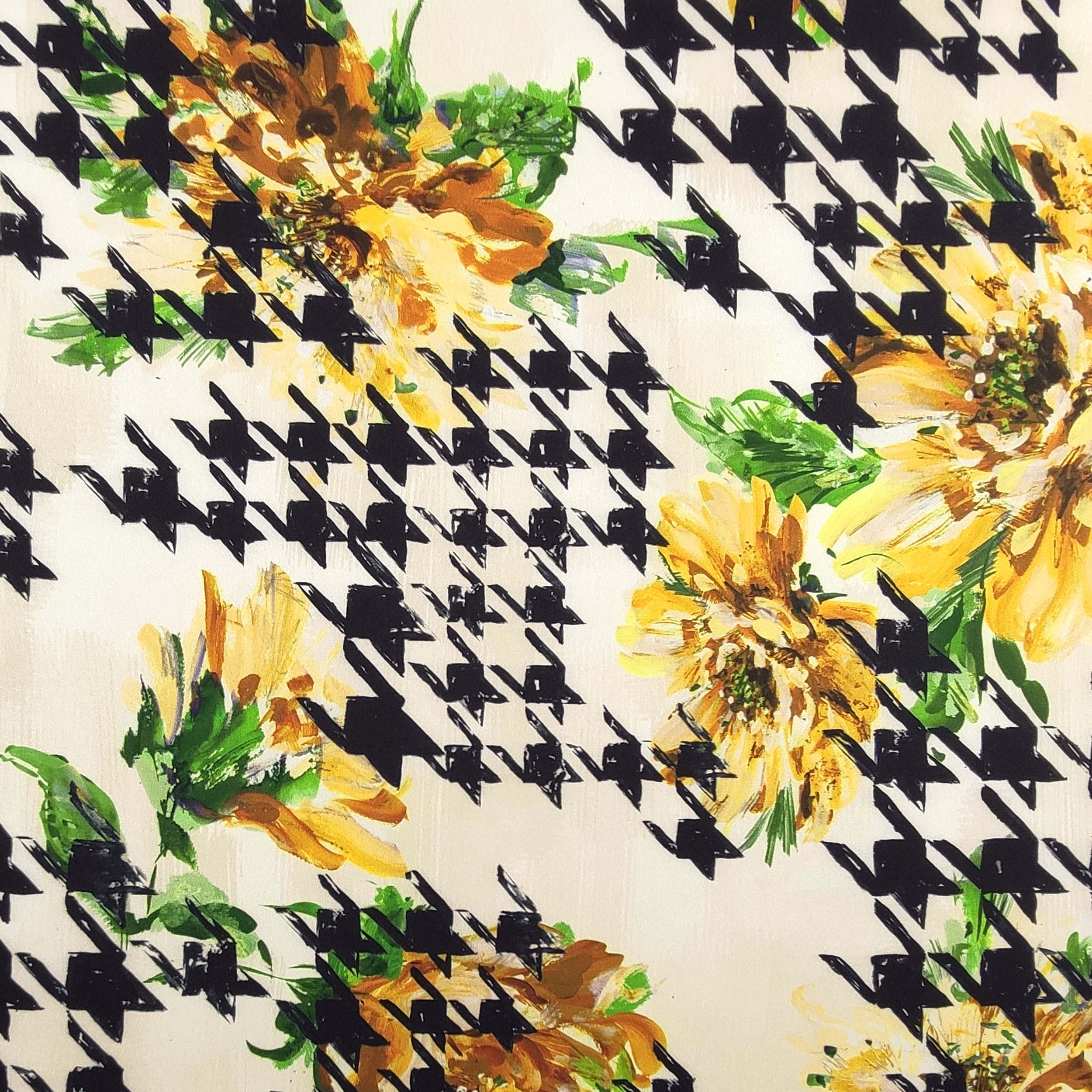 High Fashion Houndstooth Patterned Satin with Flowers