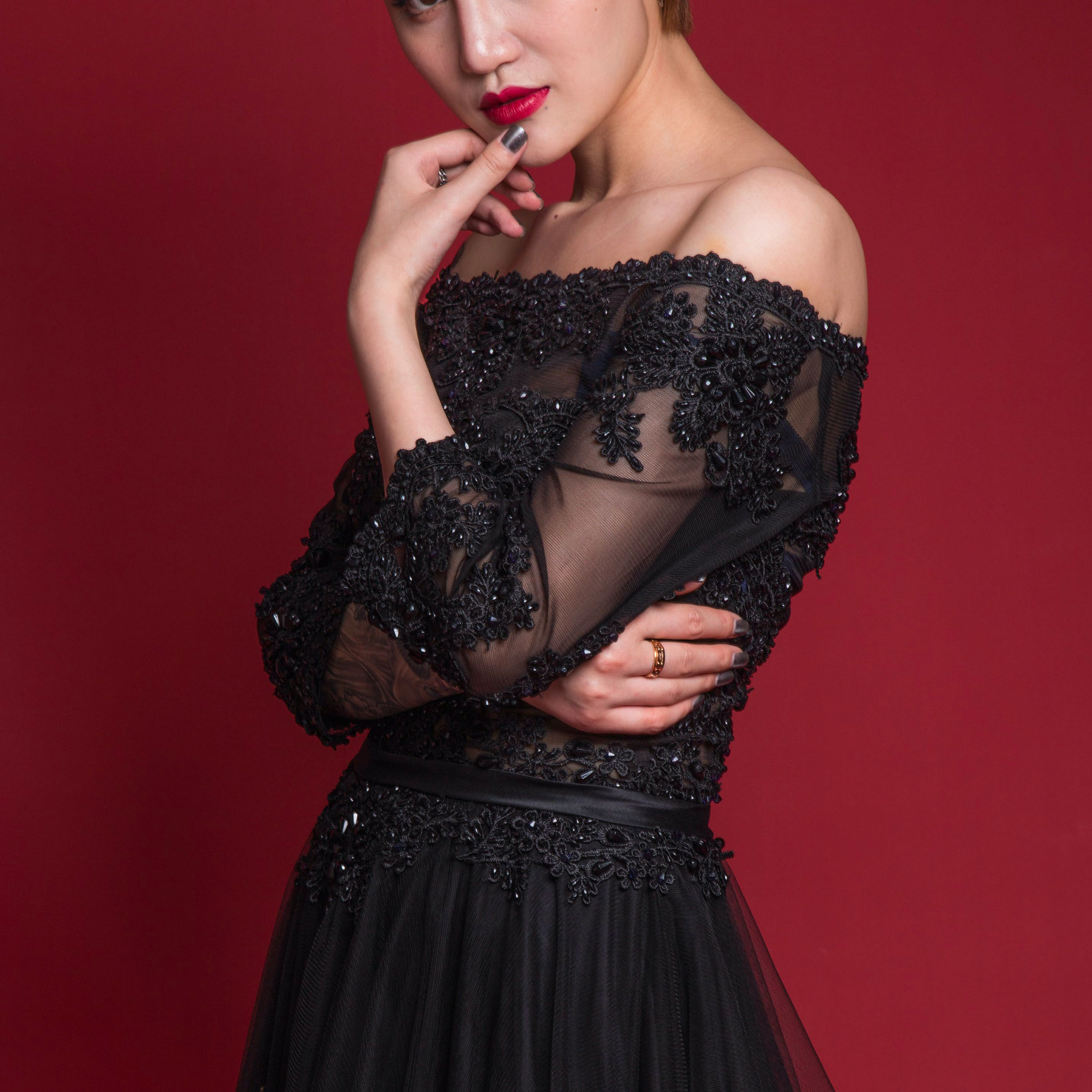 High Fashion Beaded Double Edge Floral Lace - Black