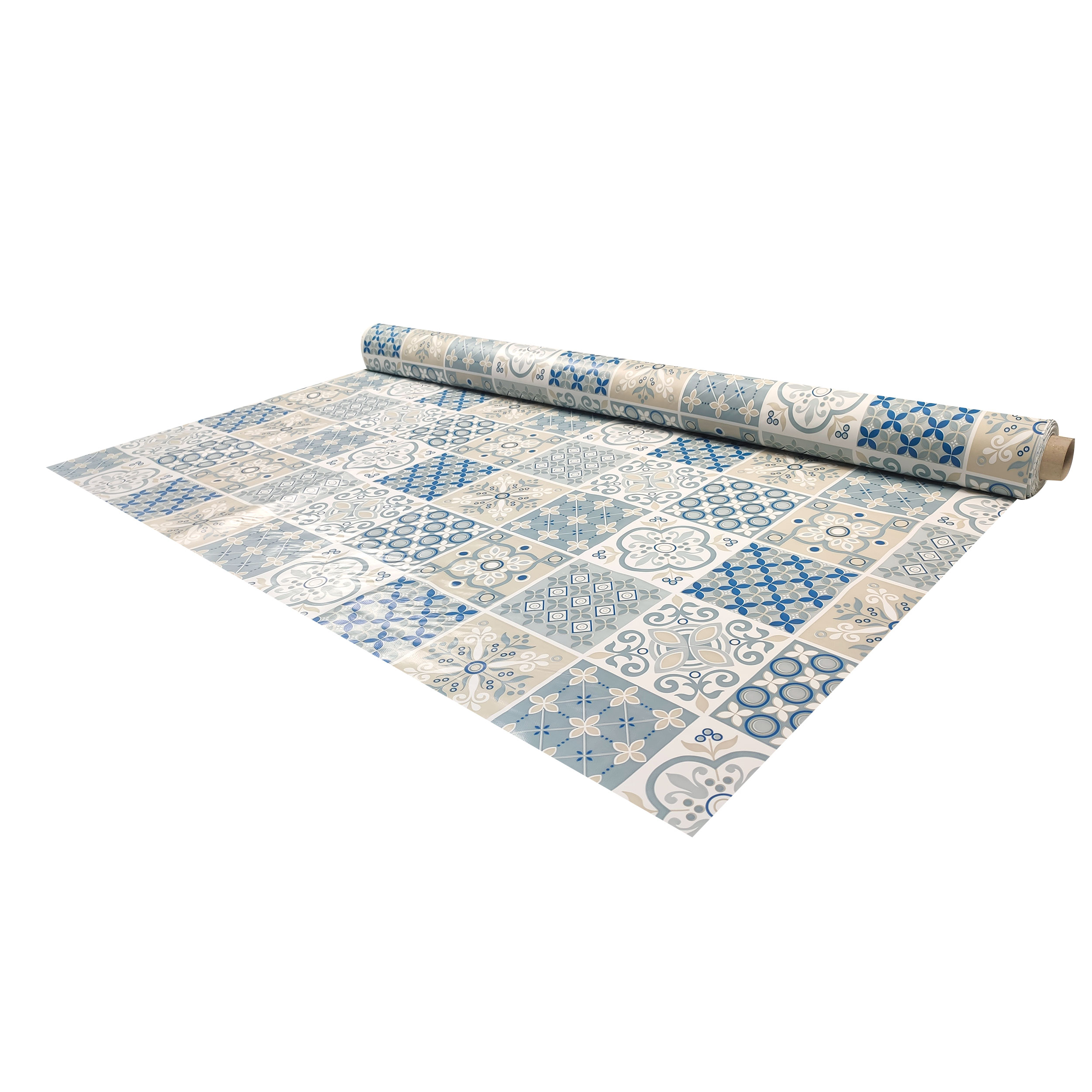 Plastic-coated Tablecloth Fabric Blue and Beige Floral Tiles Image