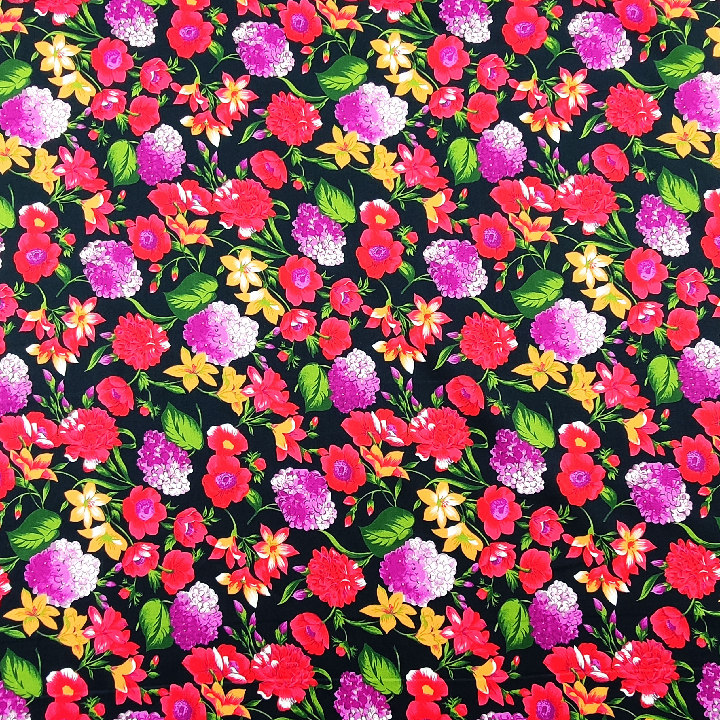 Cotton Rasatello Black Background with Red and Fuxia Flowers