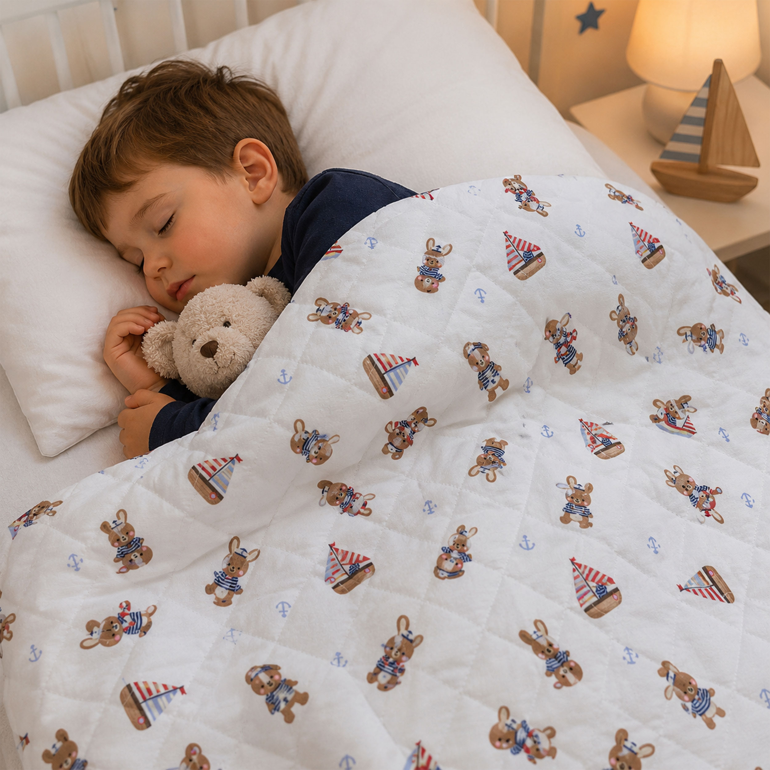 Quilted Fabric Featuring Bunnies in a Boat Image