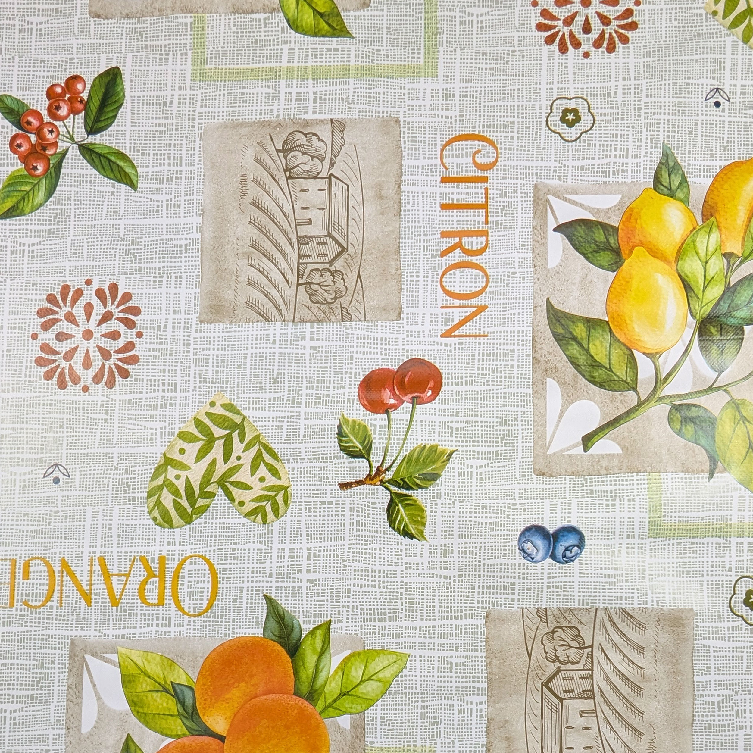 Fabric for Plasticised Tablecloth Fruits and Writings Image