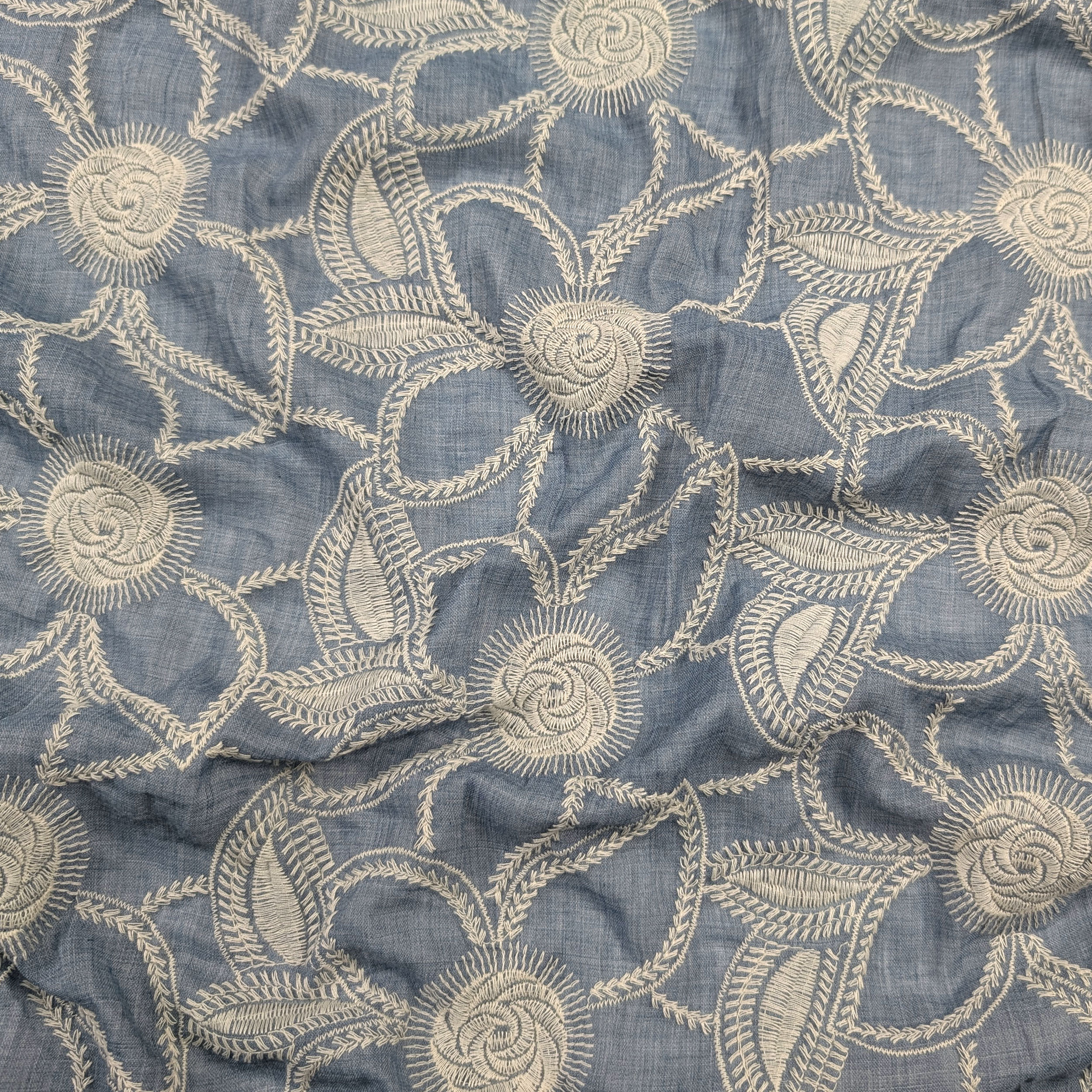 Blue Flower Embroidered Cotton Muslin Image