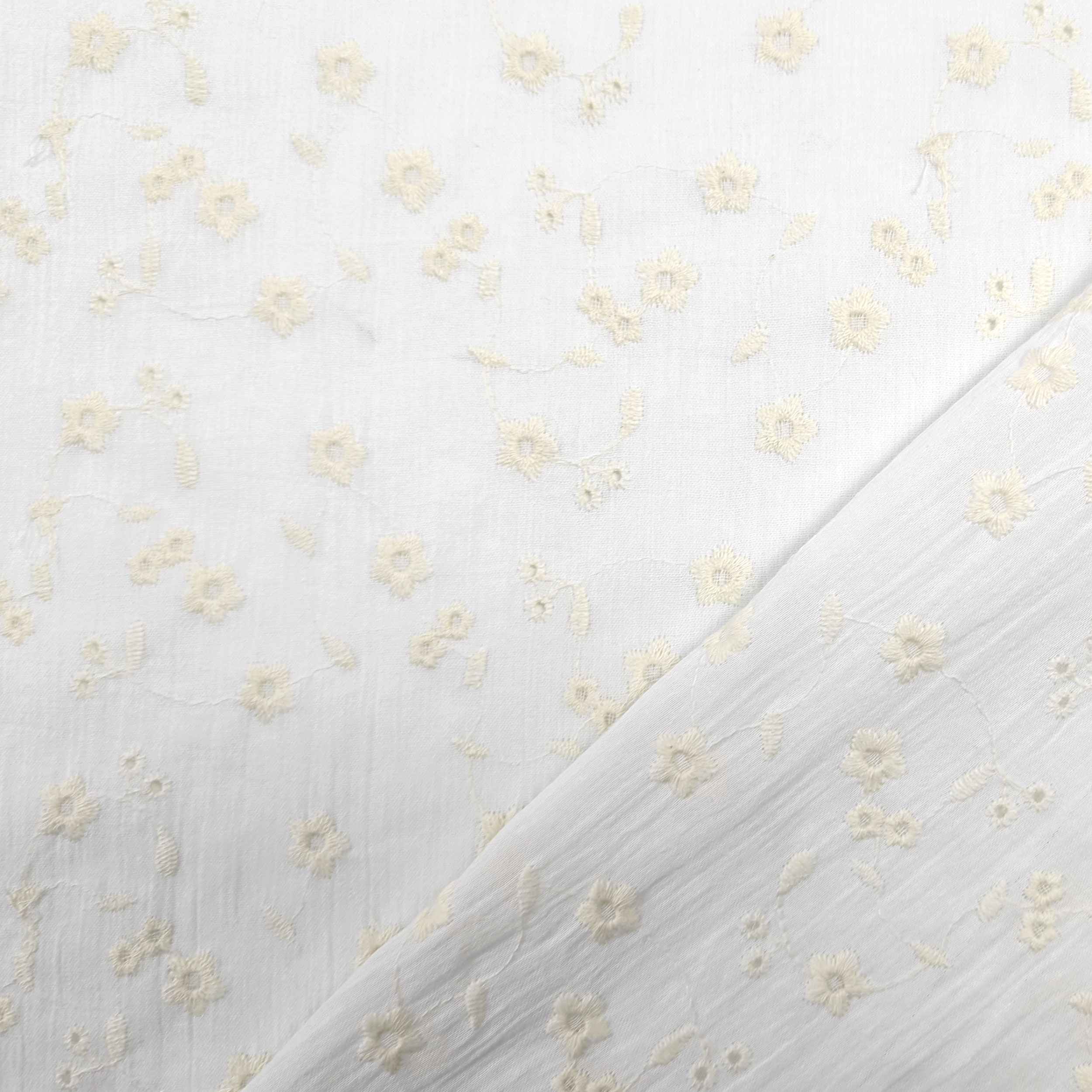 White Cotton Muslin with Cream Flowers Image
