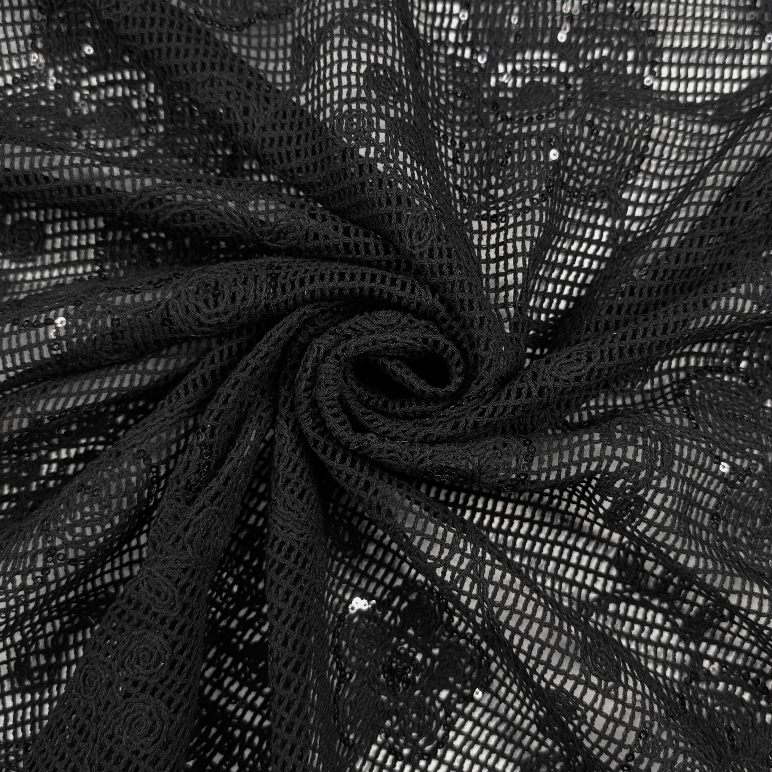 Embroidery On Black Mesh Flowers With Sequins Image