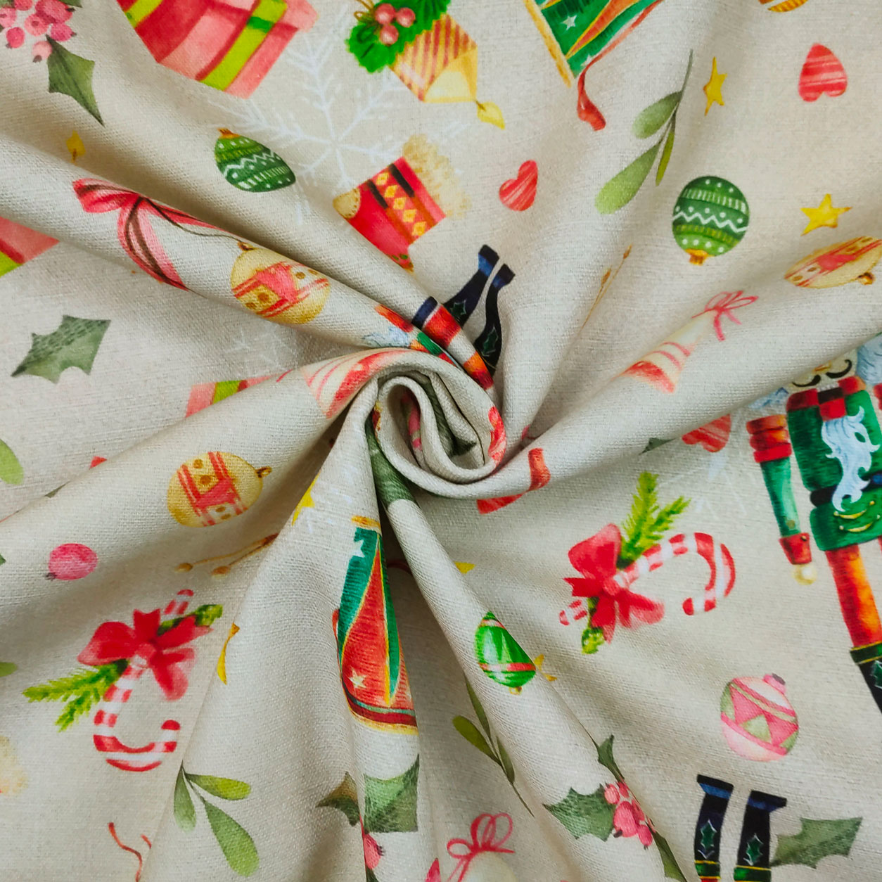 Tissu coton Panama Casse-noisette et boules de Noël Image