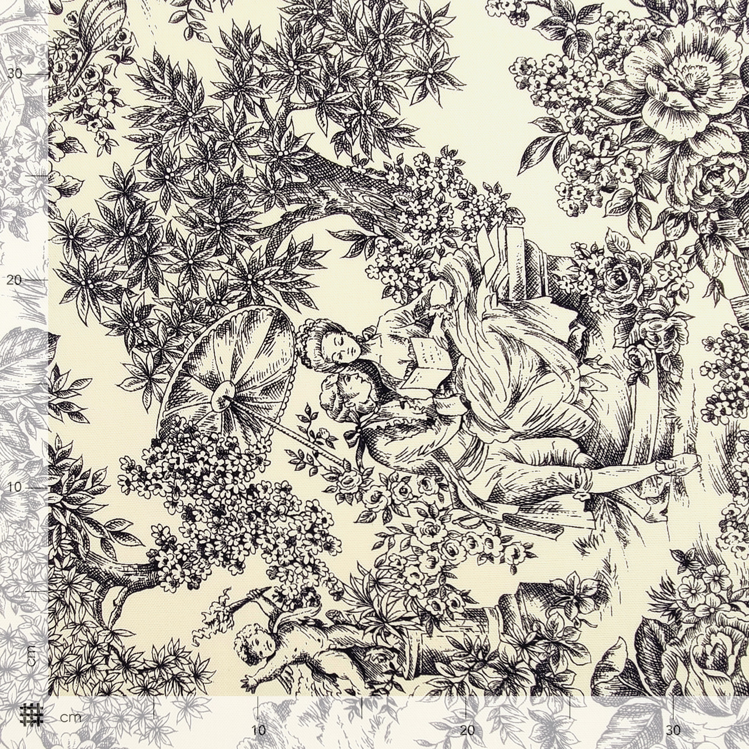 Panama Fabric Toile De Jouy Black Cream Background