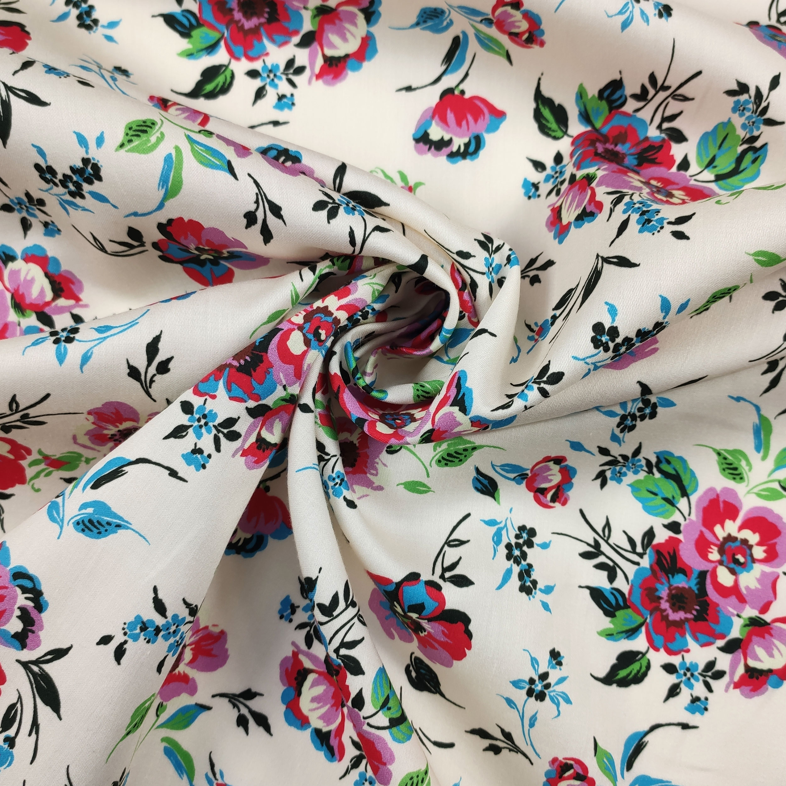 Cotton Satin with Floral Fantasy Cream Background Image