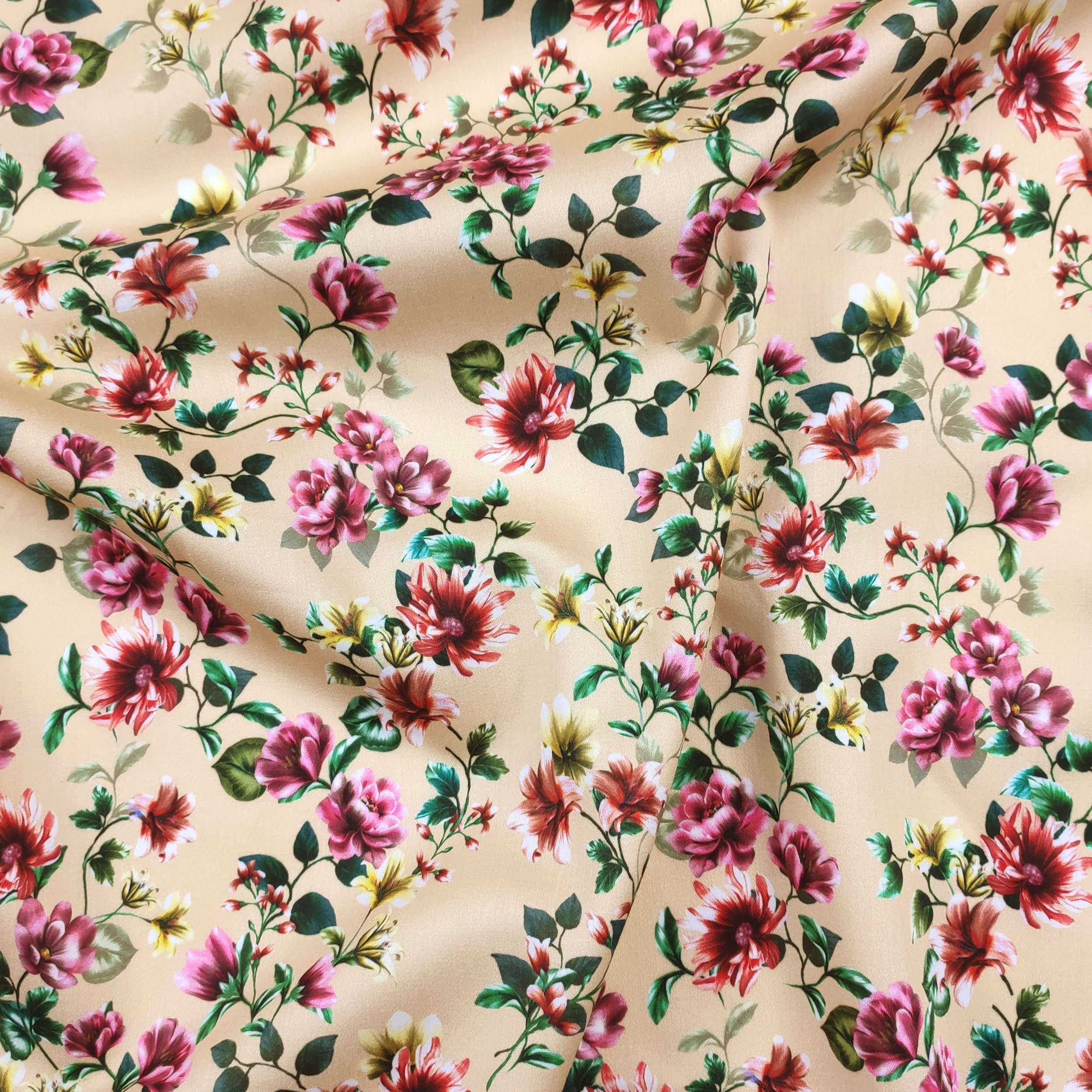 Cotton Rasatello Beige Background with Flowers