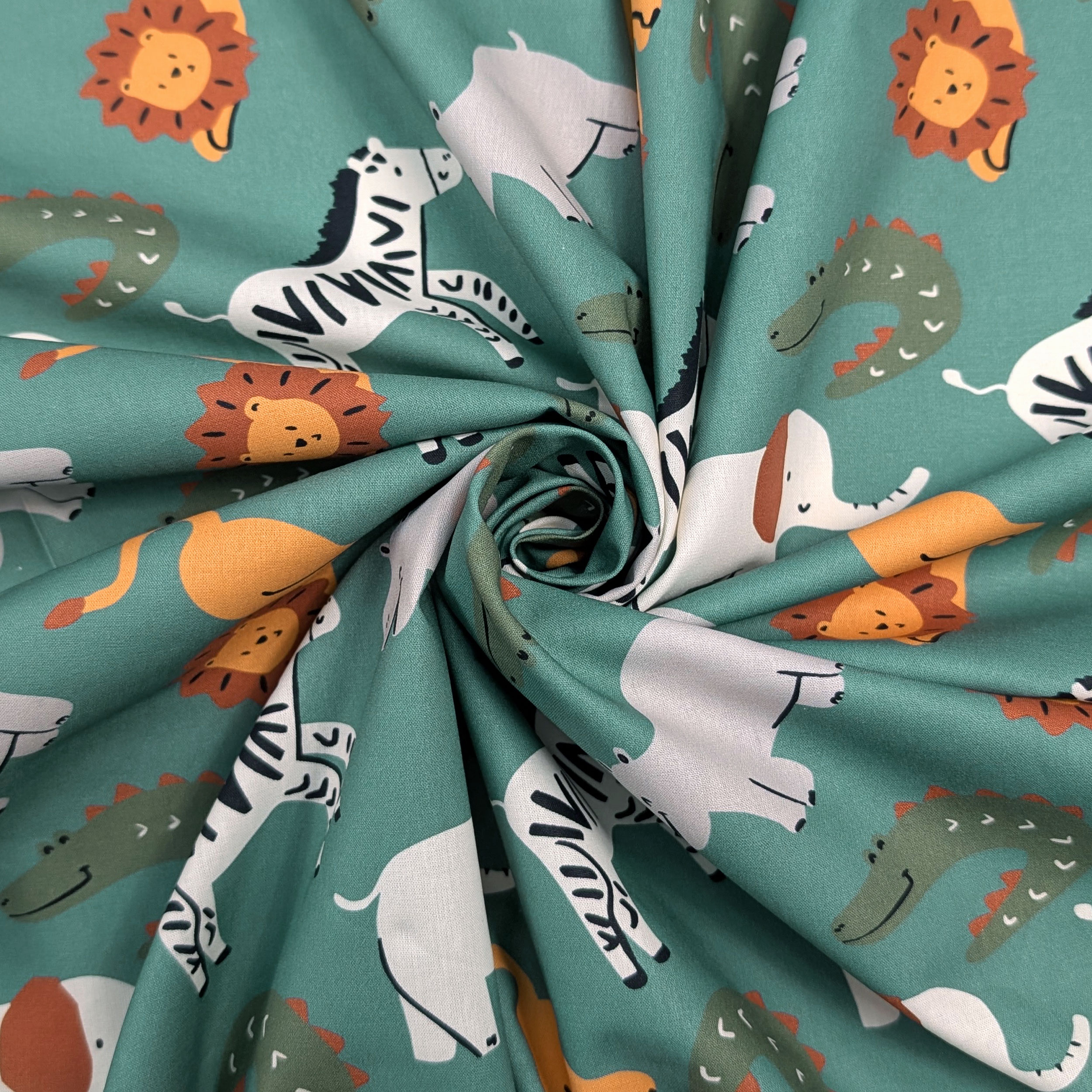 Poplin Cotton Savannah Animals Green Background Image