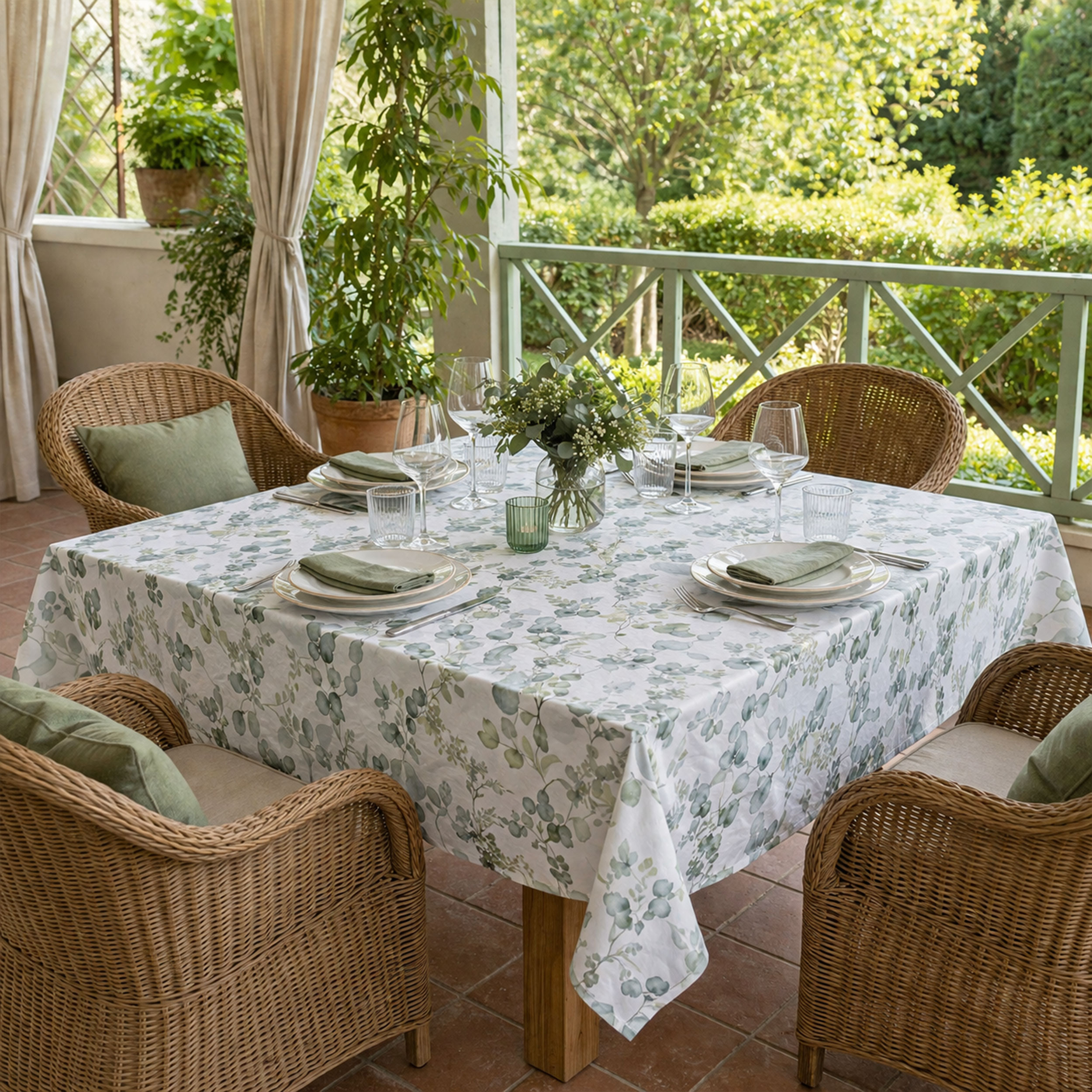 Fabric for Plasticised Tablecloth Green Branches and Leaves Image