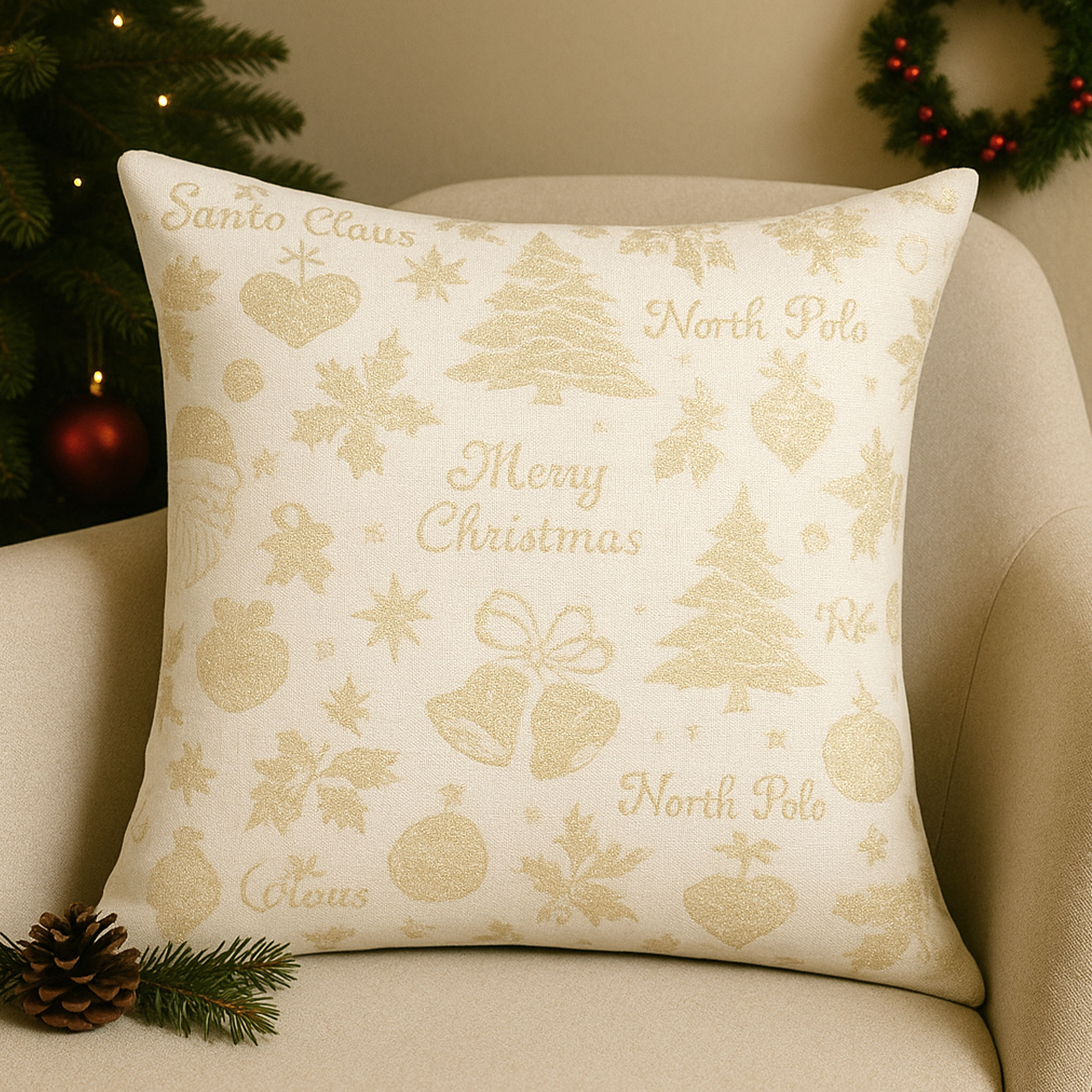 Jacquard Frohe Weihnachten Weiß Gold Lurex H 280 cm Image