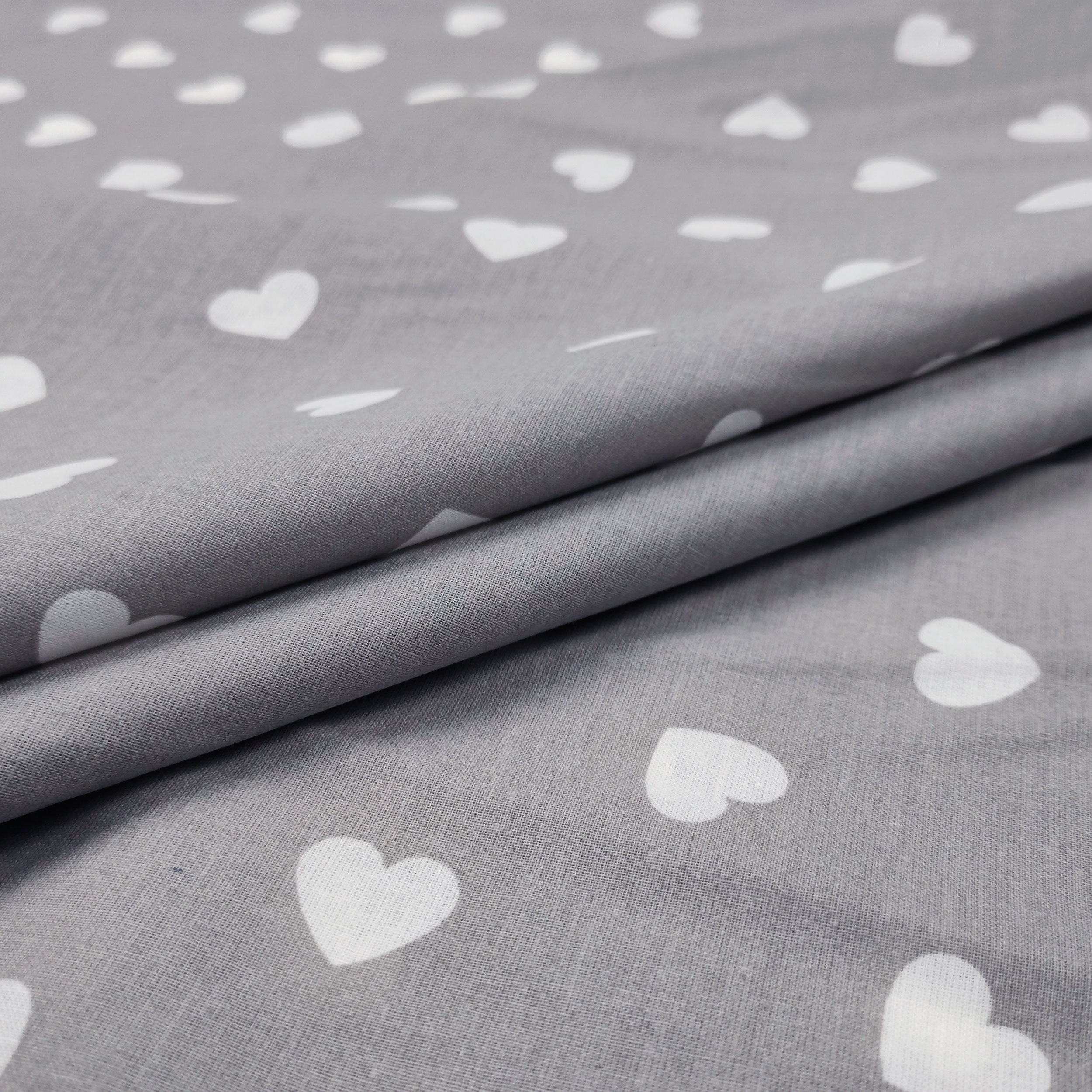 White Hearts on Grey Cotton