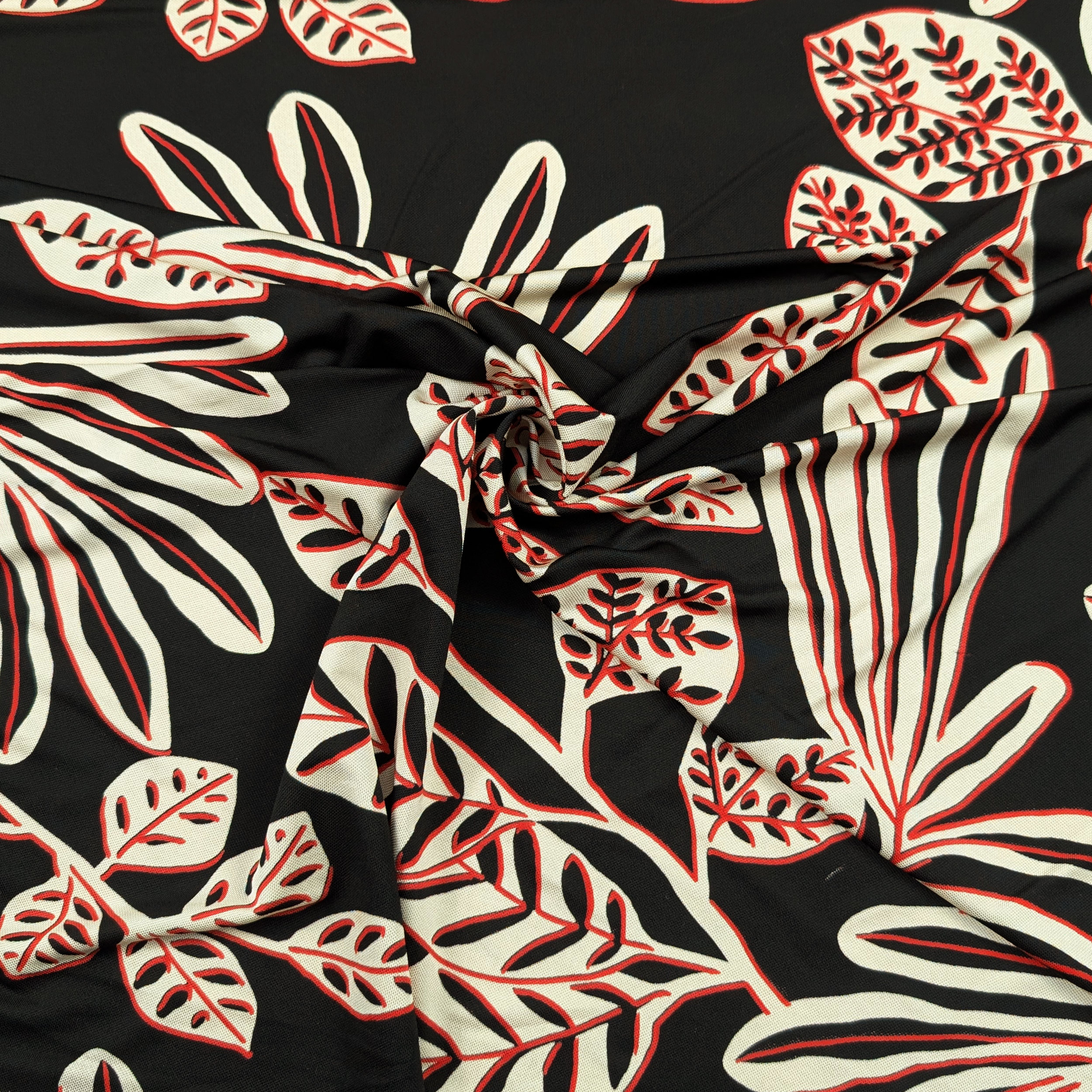 Viscose Jersey Natural Silk Leaves Red Border Image