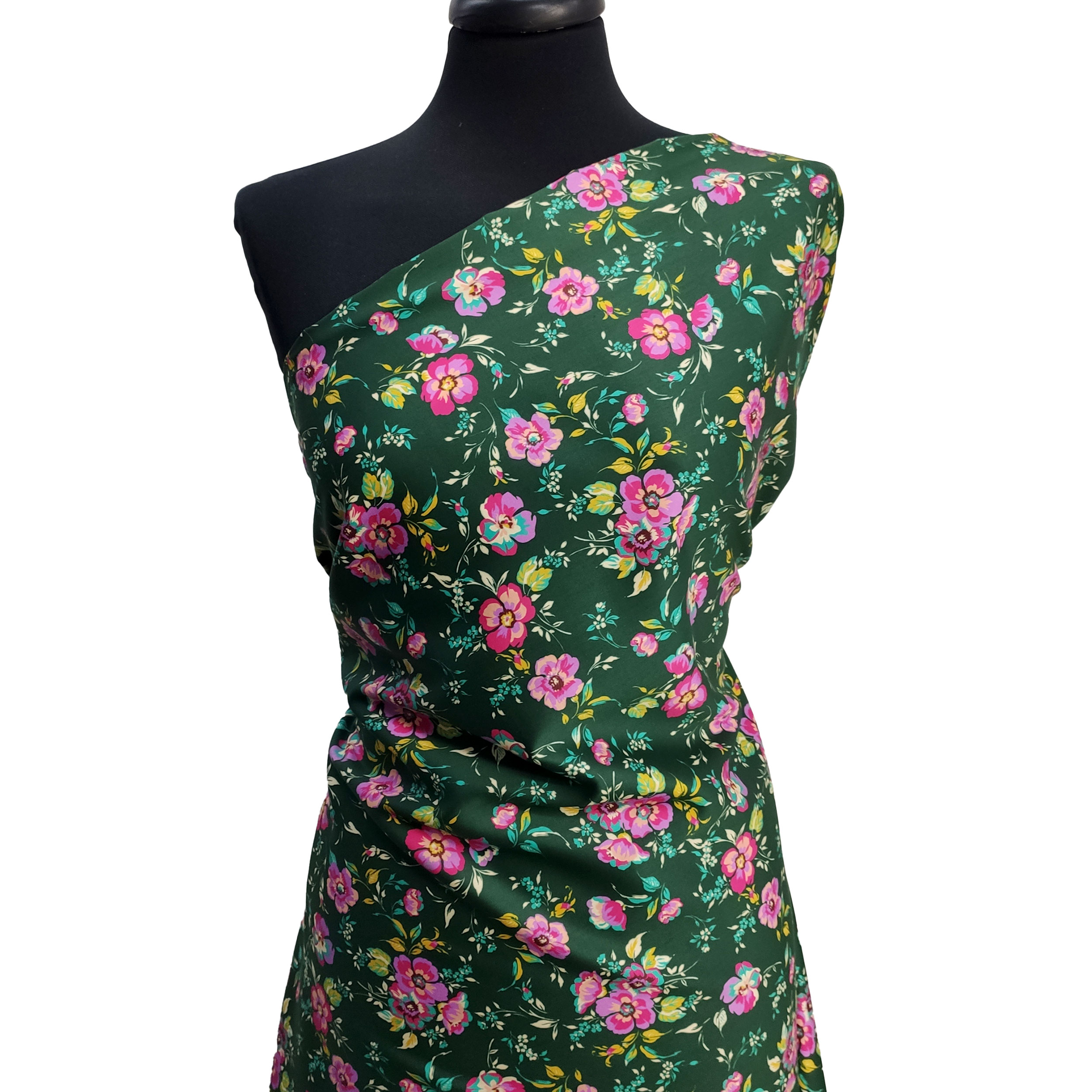 Rasatello de Algodón con Fondo de Fantasía Floral Verde Oscuro