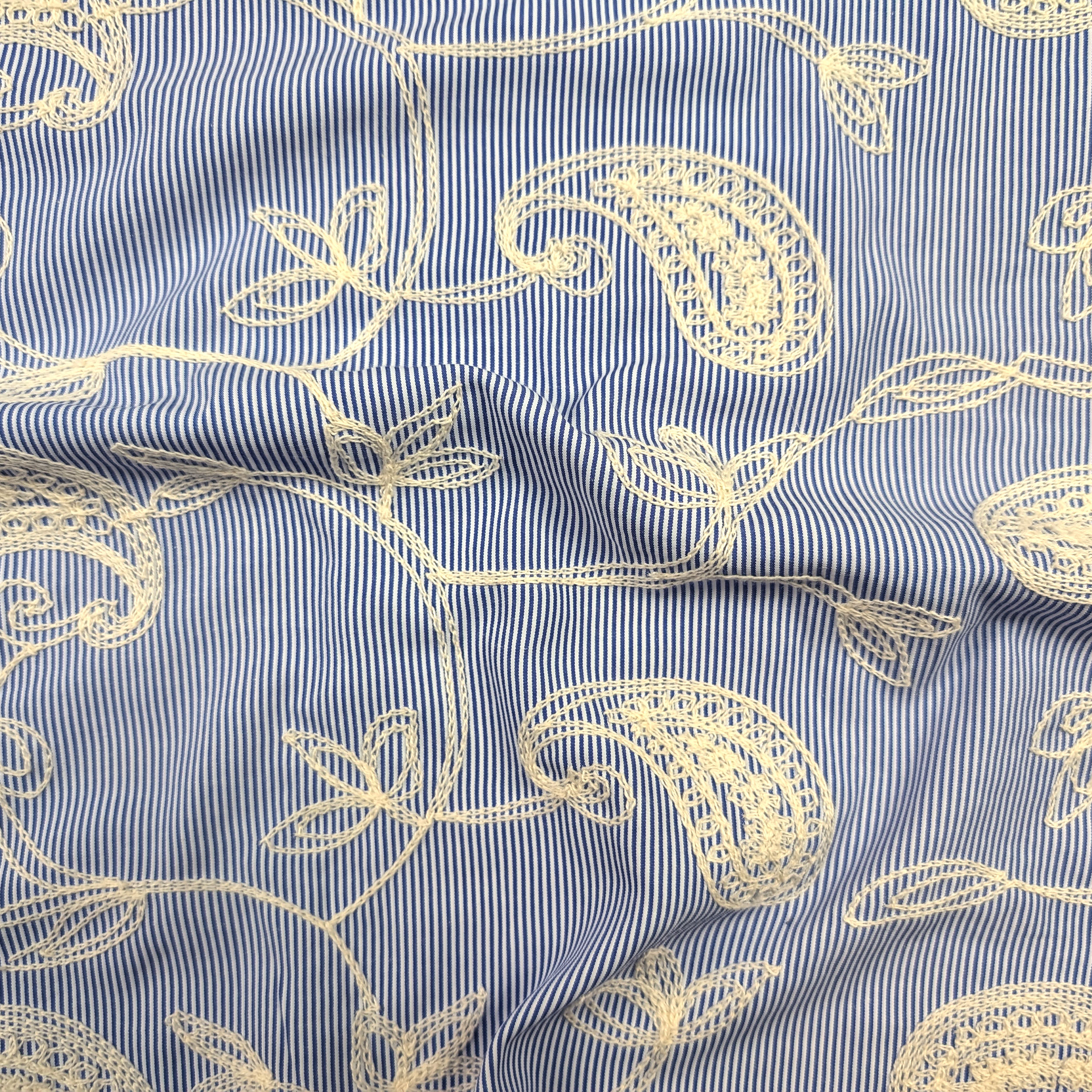Blue Fine-Striped Cotton with Embroidered Leaves Image