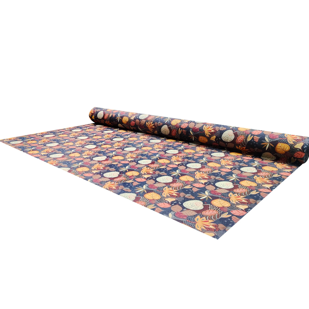 tessuto-cotone-foglie-puntinate-marrone-blu