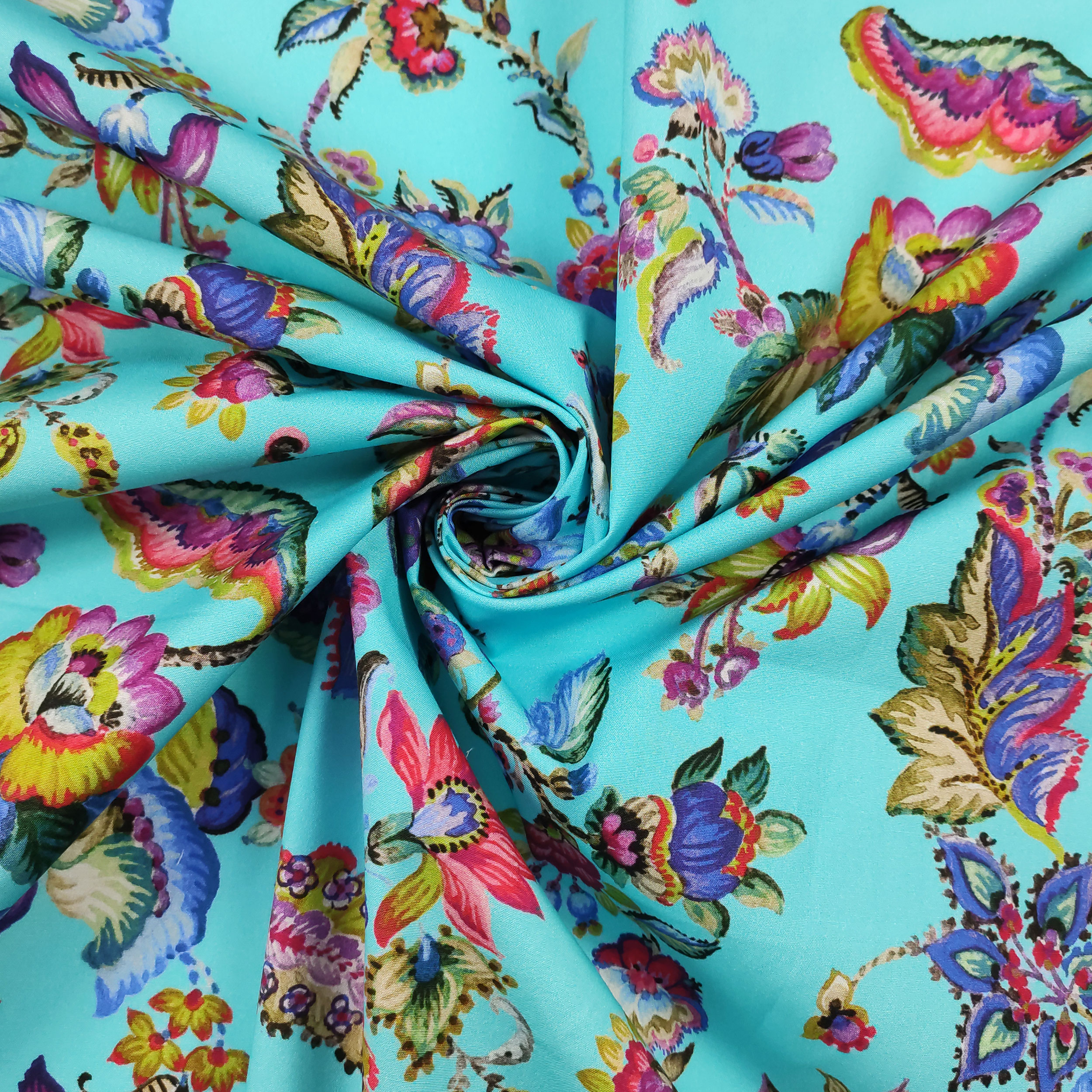 Stretch Cotton Cyan Background with Flowers