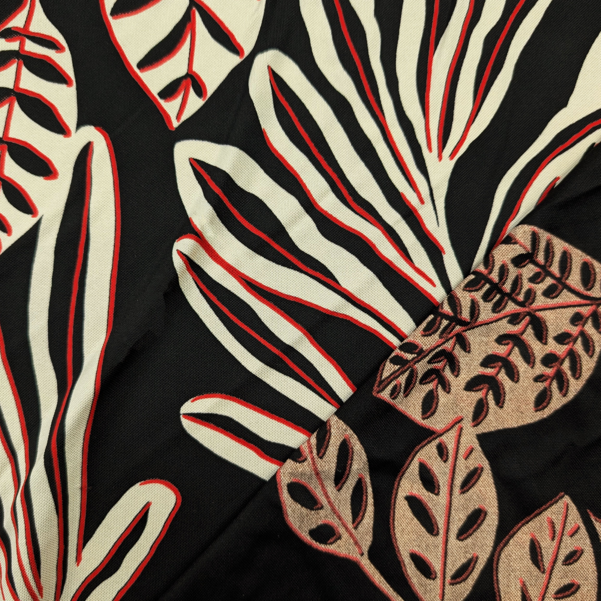 Viscose Jersey Natural Silk Leaves Red Border Image