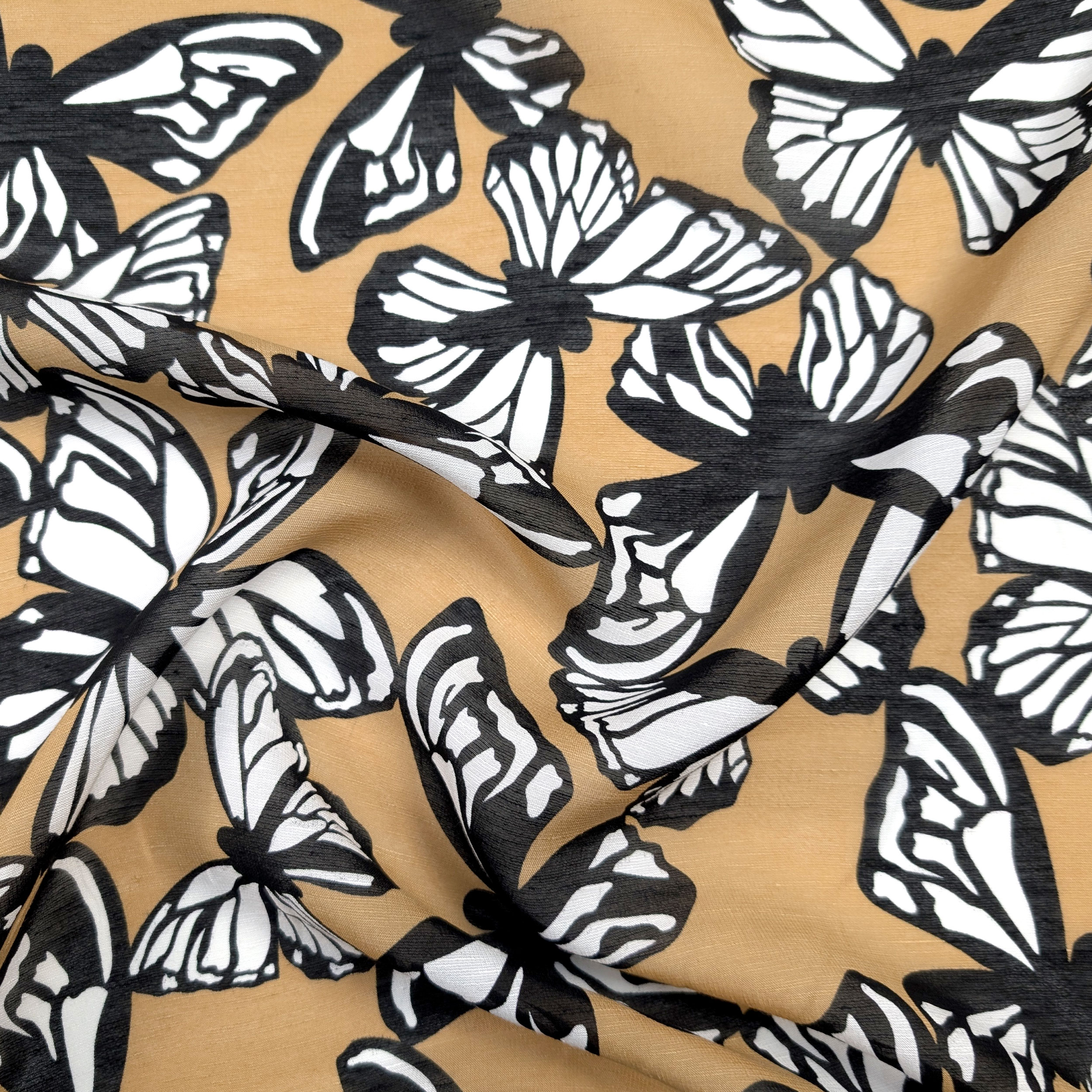 Viscose Silk Linen with Black and White Butterflies Image