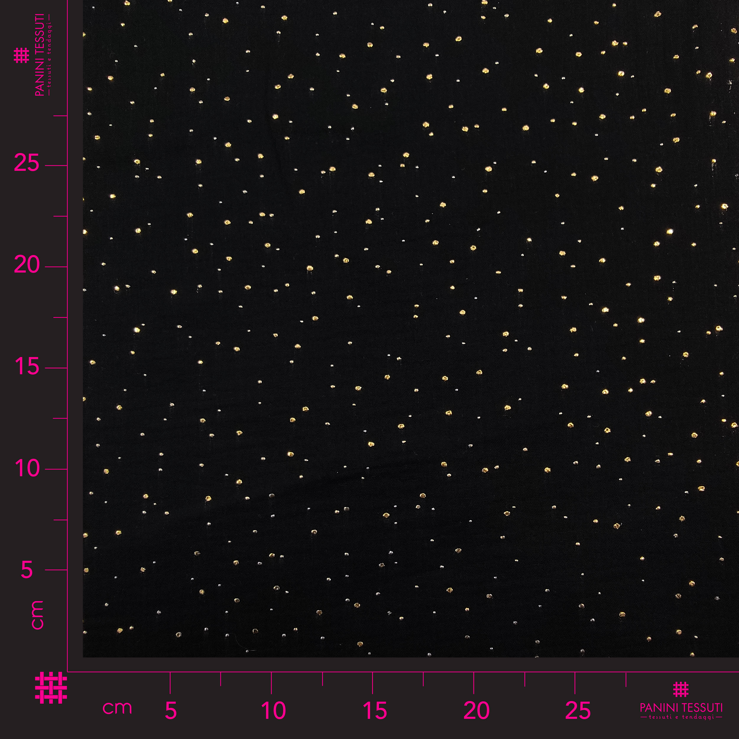 Schwarzer Baumwollmusselin mit goldenen Polka Dots